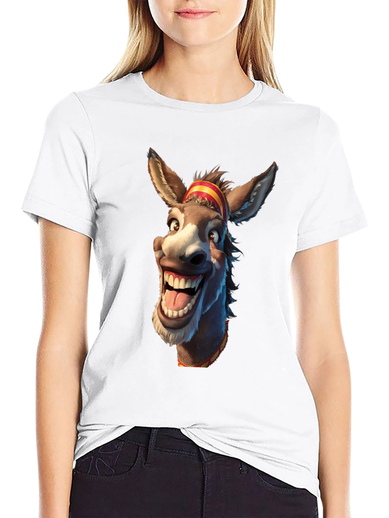 Funny Donkey Cartoon Graphic Print Black T-Shirt