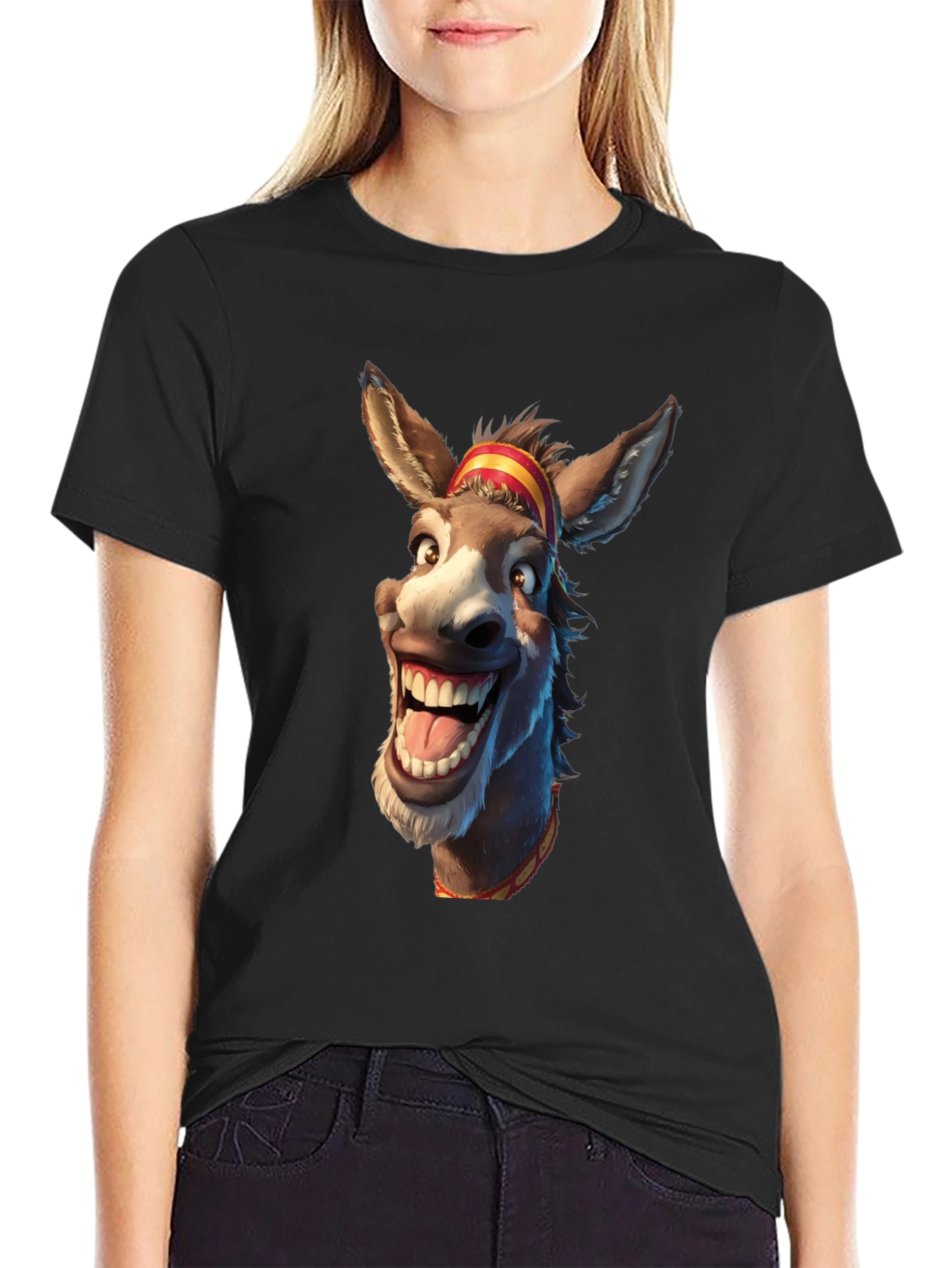 Funny Donkey Cartoon Graphic Print Black T-Shirt