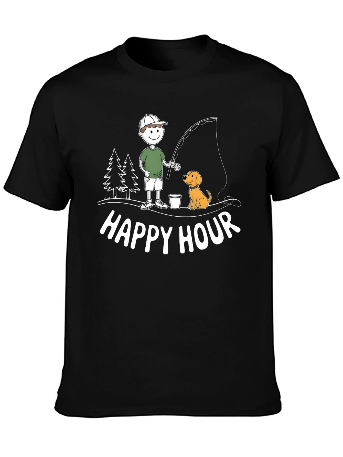 Happy Hour Fishing T-Shirt Cartoon Dog and Fisherman