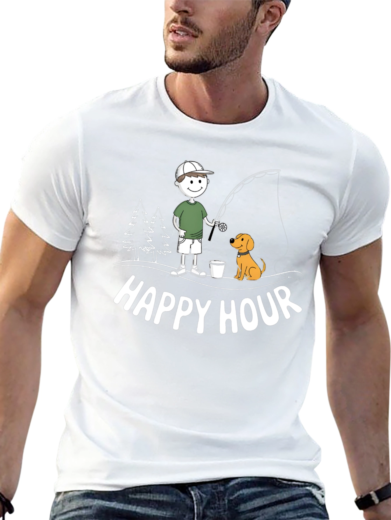 Happy Hour Fishing T-Shirt Cartoon Dog and Fisherman