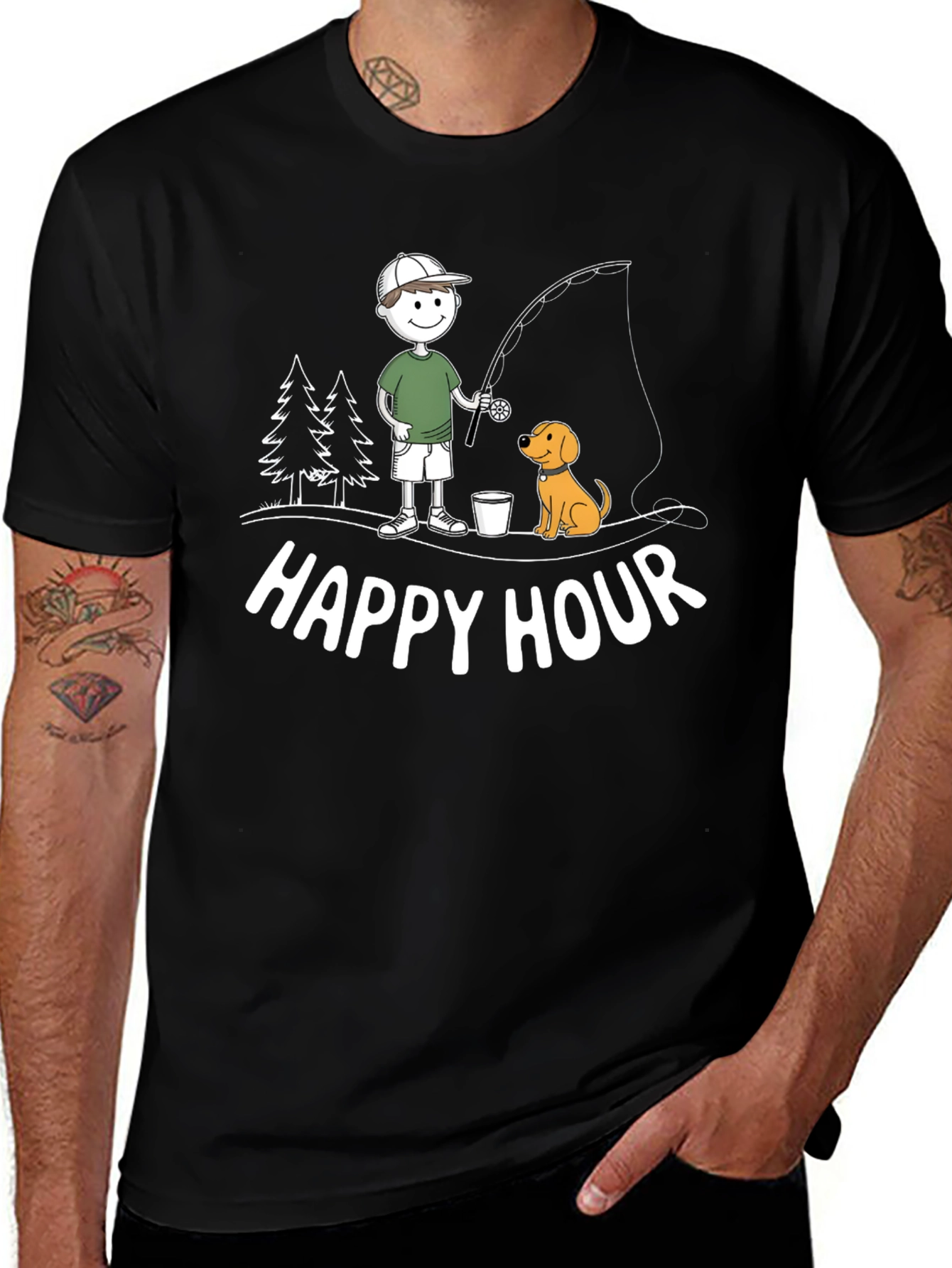 Happy Hour Fishing T-Shirt Cartoon Dog and Fisherman