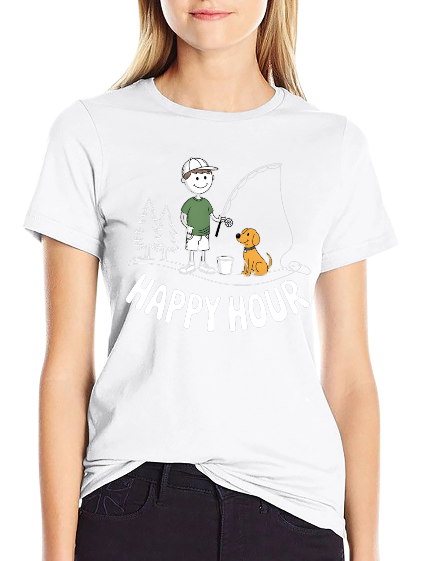 Happy Hour Fishing T-Shirt Cartoon Dog and Fisherman