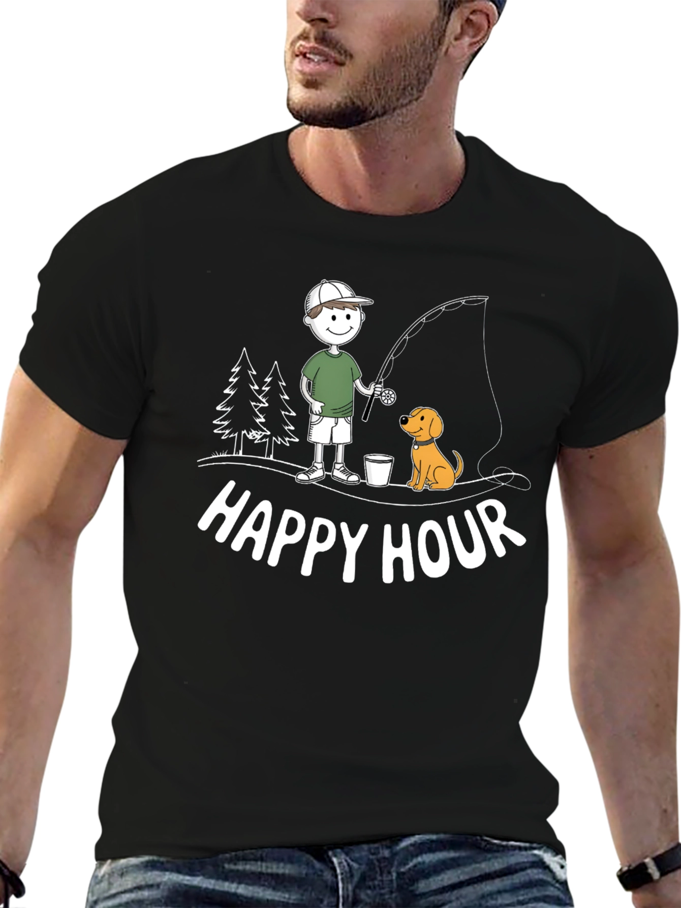 Happy Hour Fishing T-Shirt Cartoon Dog and Fisherman