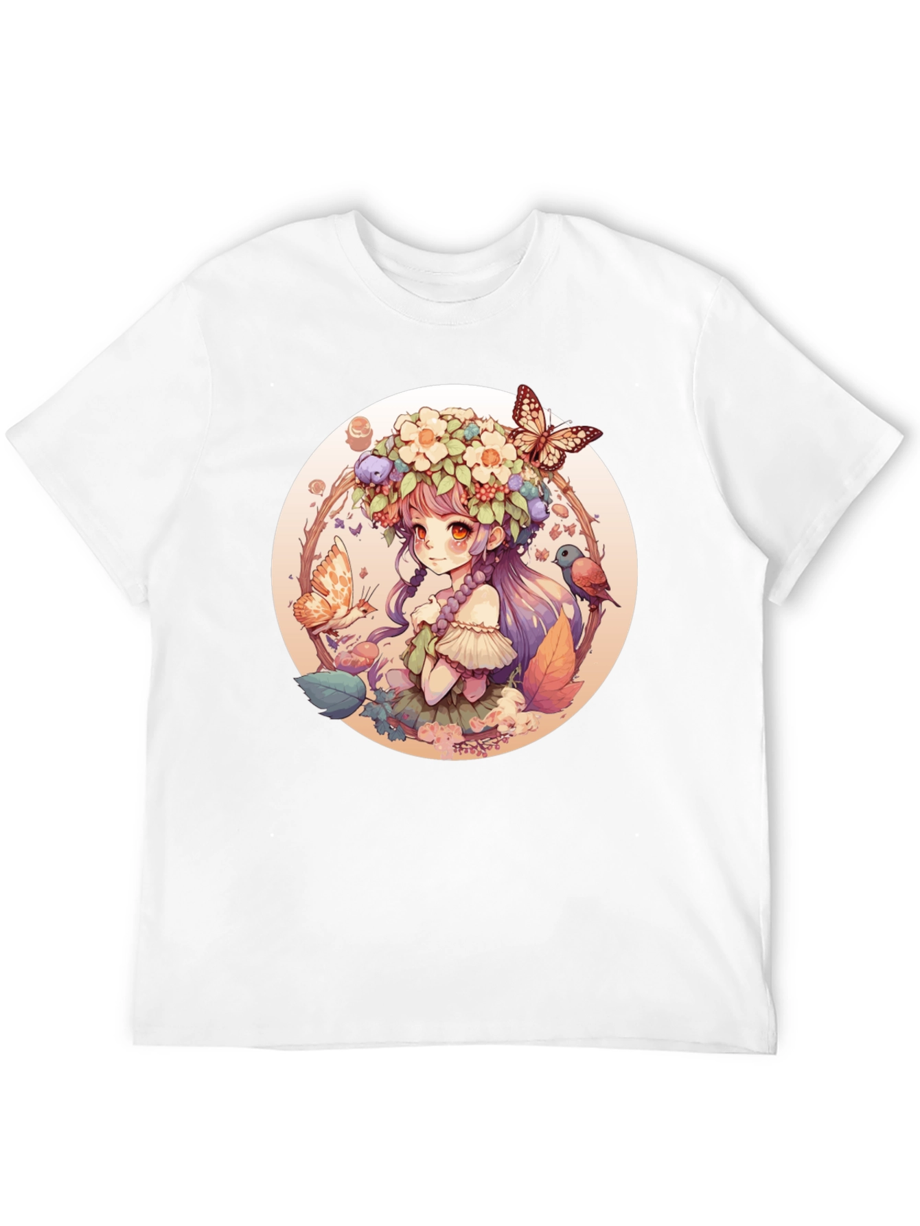 Anime Girl Floral Wreath Black T-Shirt