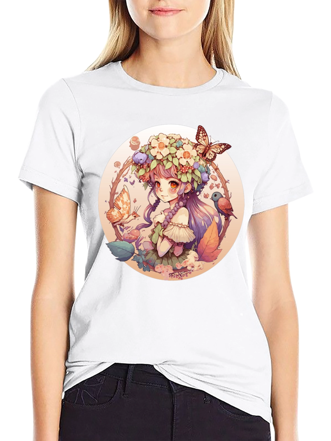Anime Girl Floral Wreath Black T-Shirt