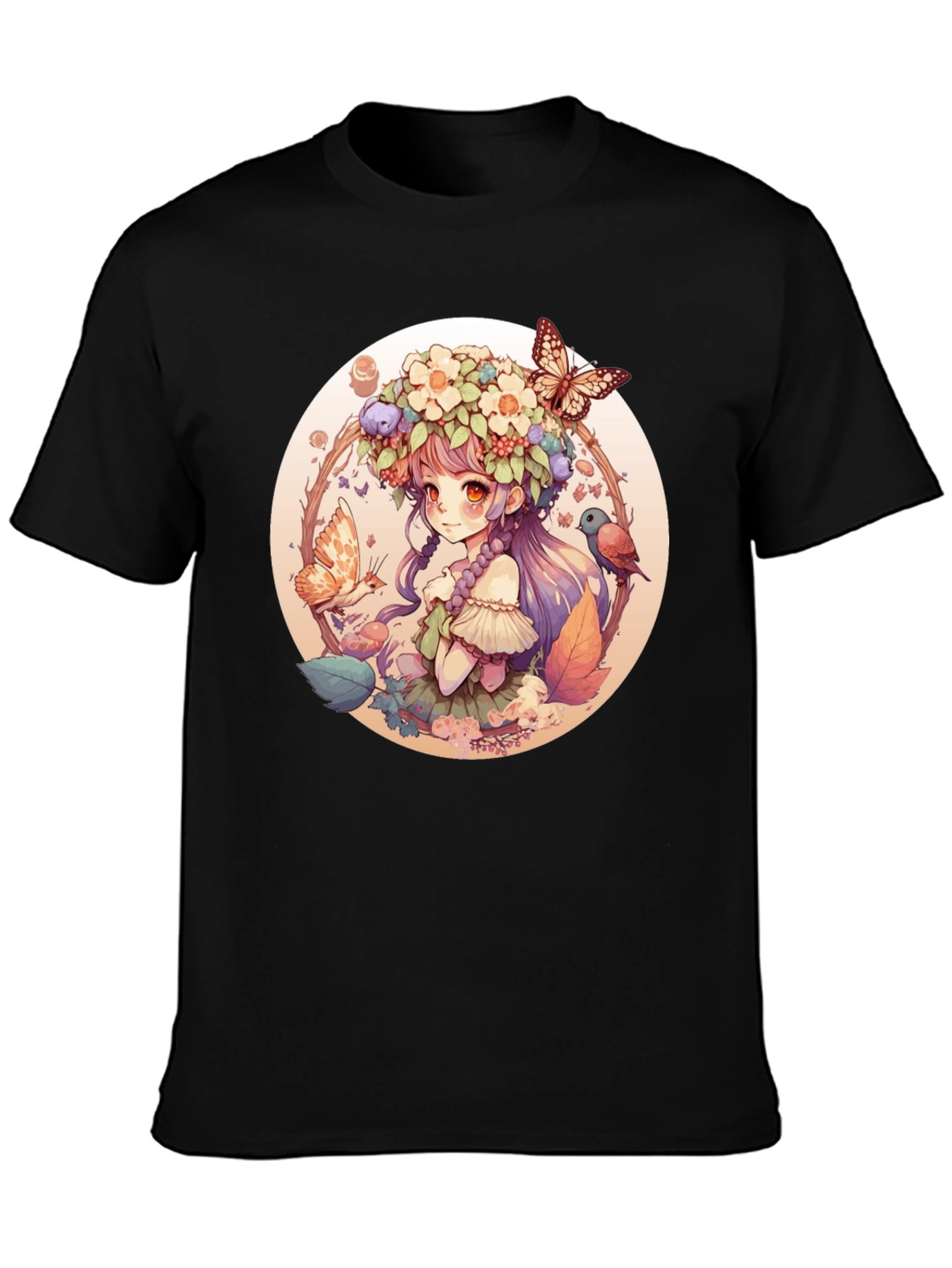 Anime Girl Floral Wreath Black T-Shirt