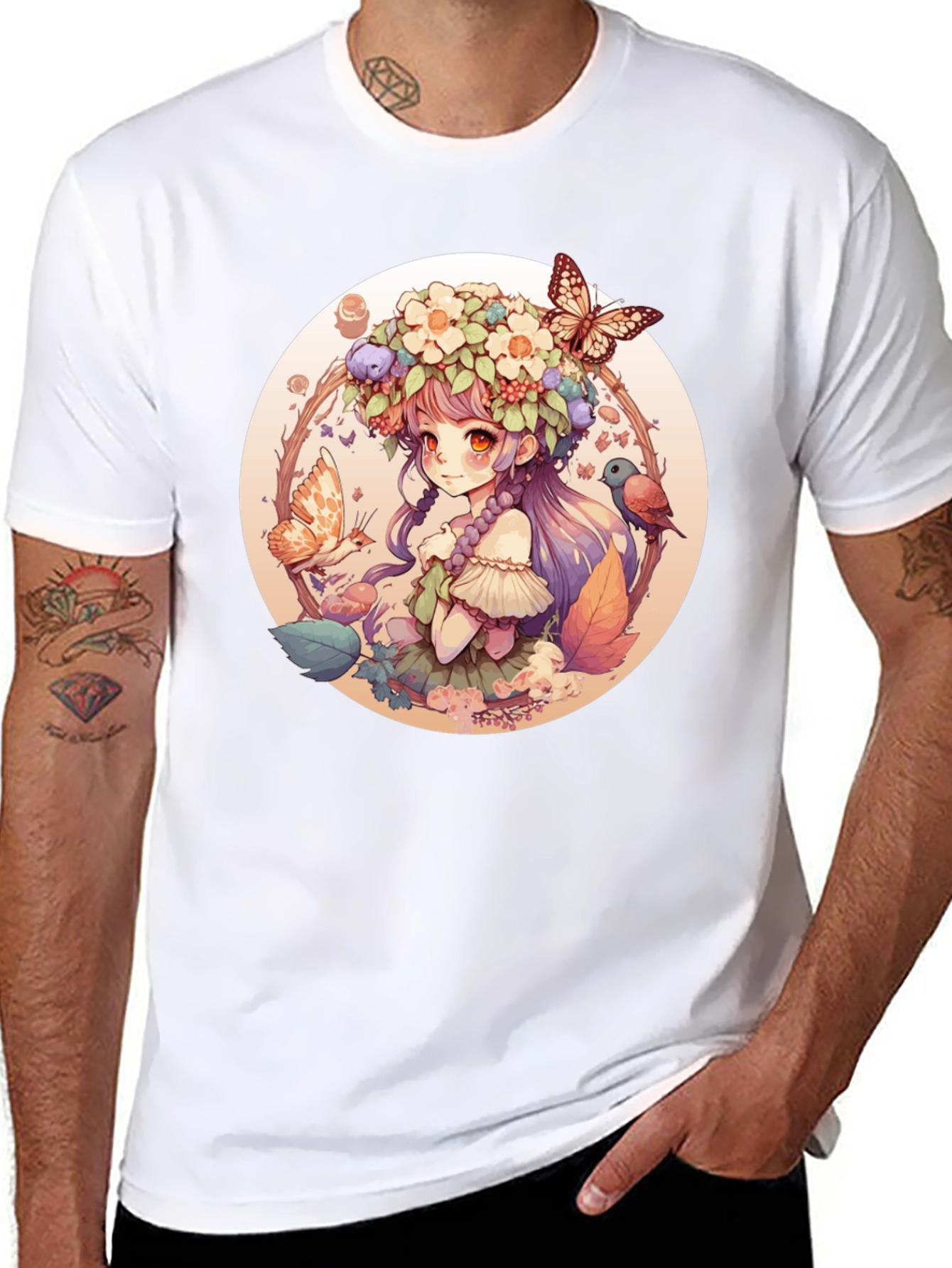 Anime Girl Floral Wreath Black T-Shirt