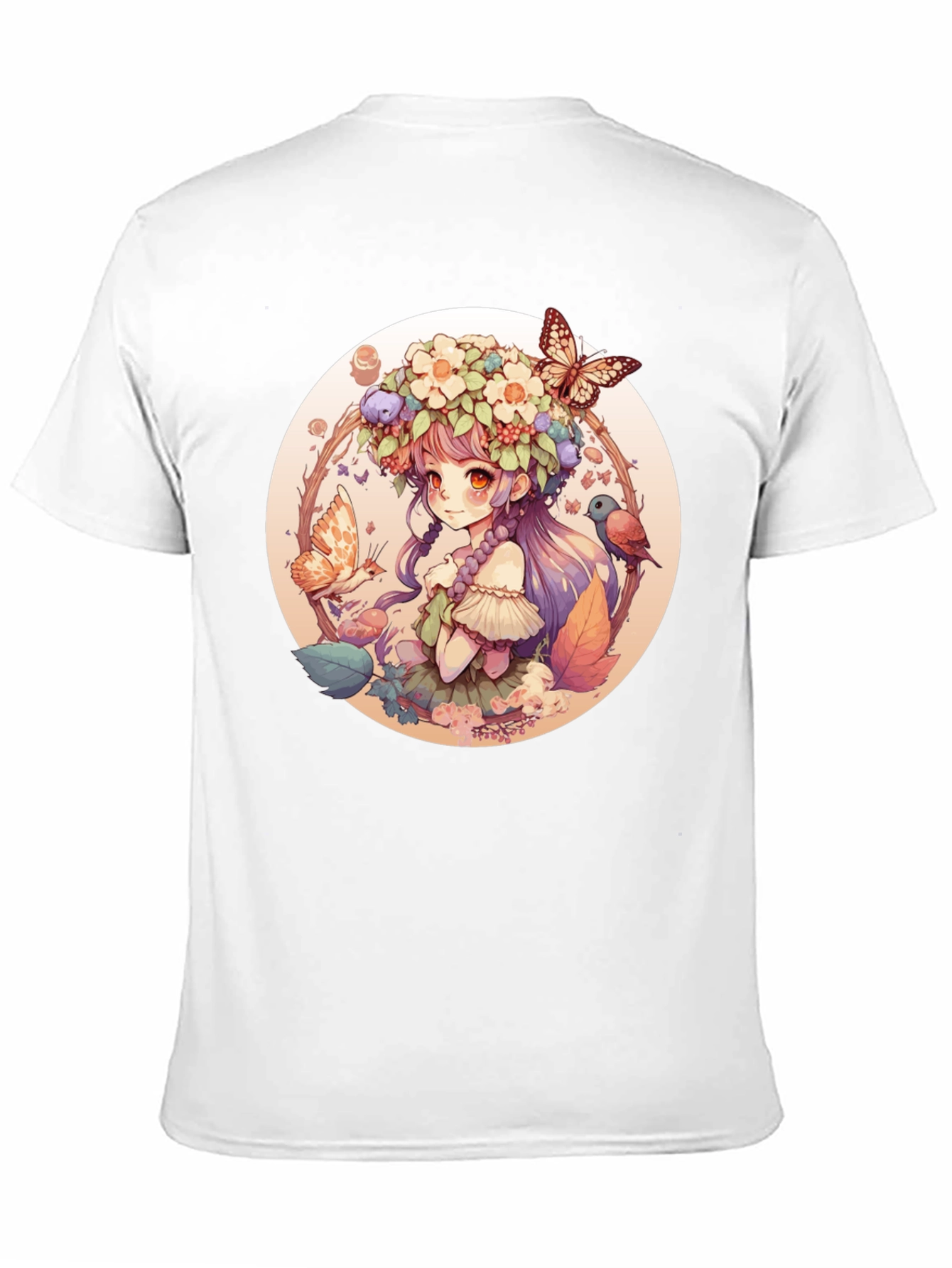 Anime Girl Floral Wreath Black T-Shirt
