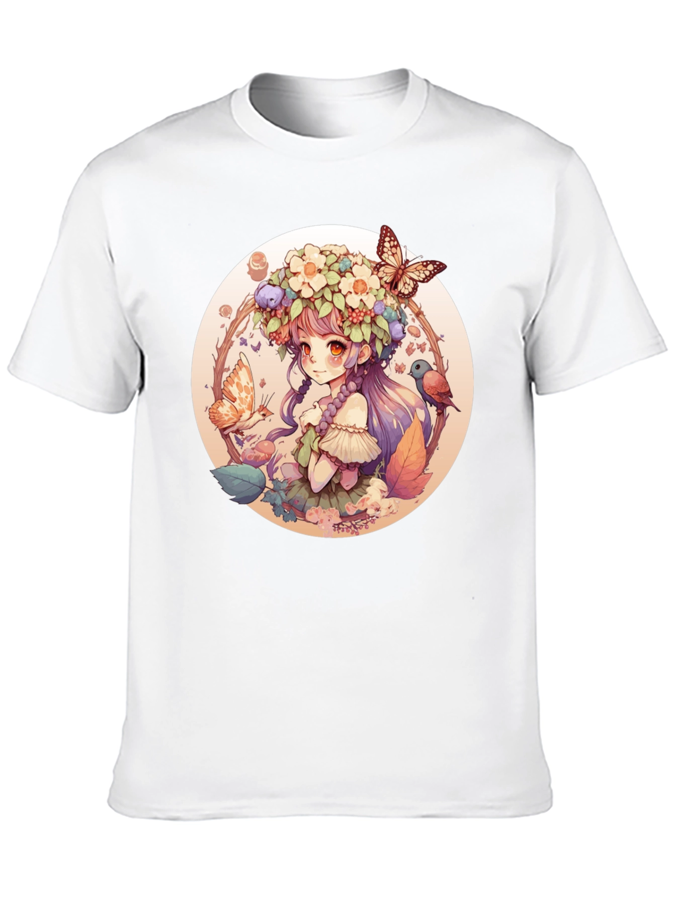 Anime Girl Floral Wreath Black T-Shirt