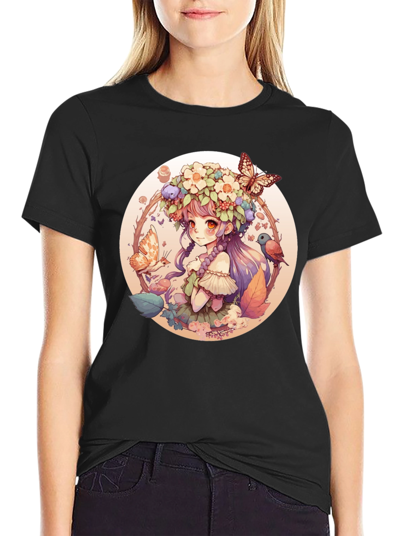 Anime Girl Floral Wreath Black T-Shirt