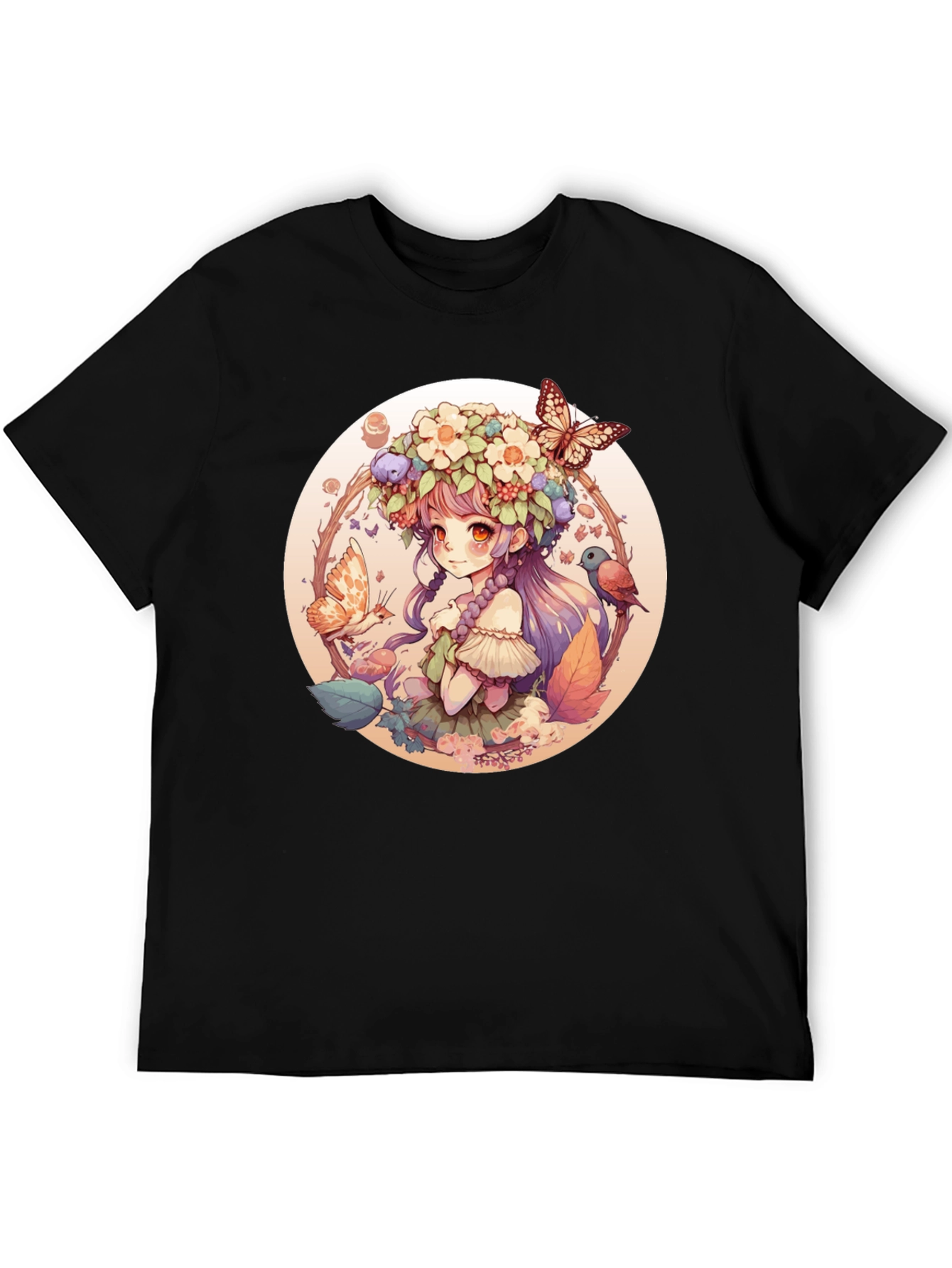 Anime Girl Floral Wreath Black T-Shirt