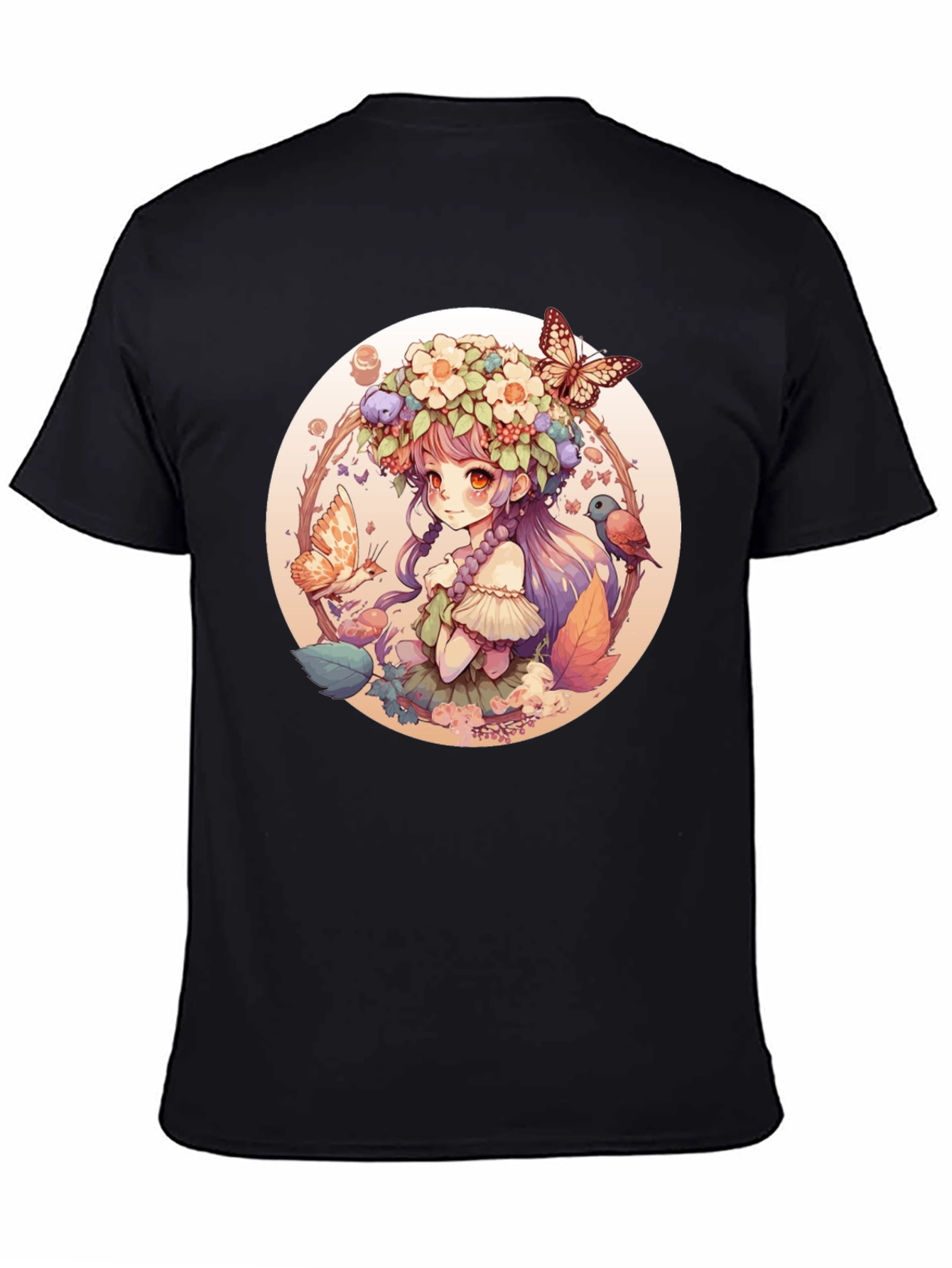 Anime Girl Floral Wreath Black T-Shirt