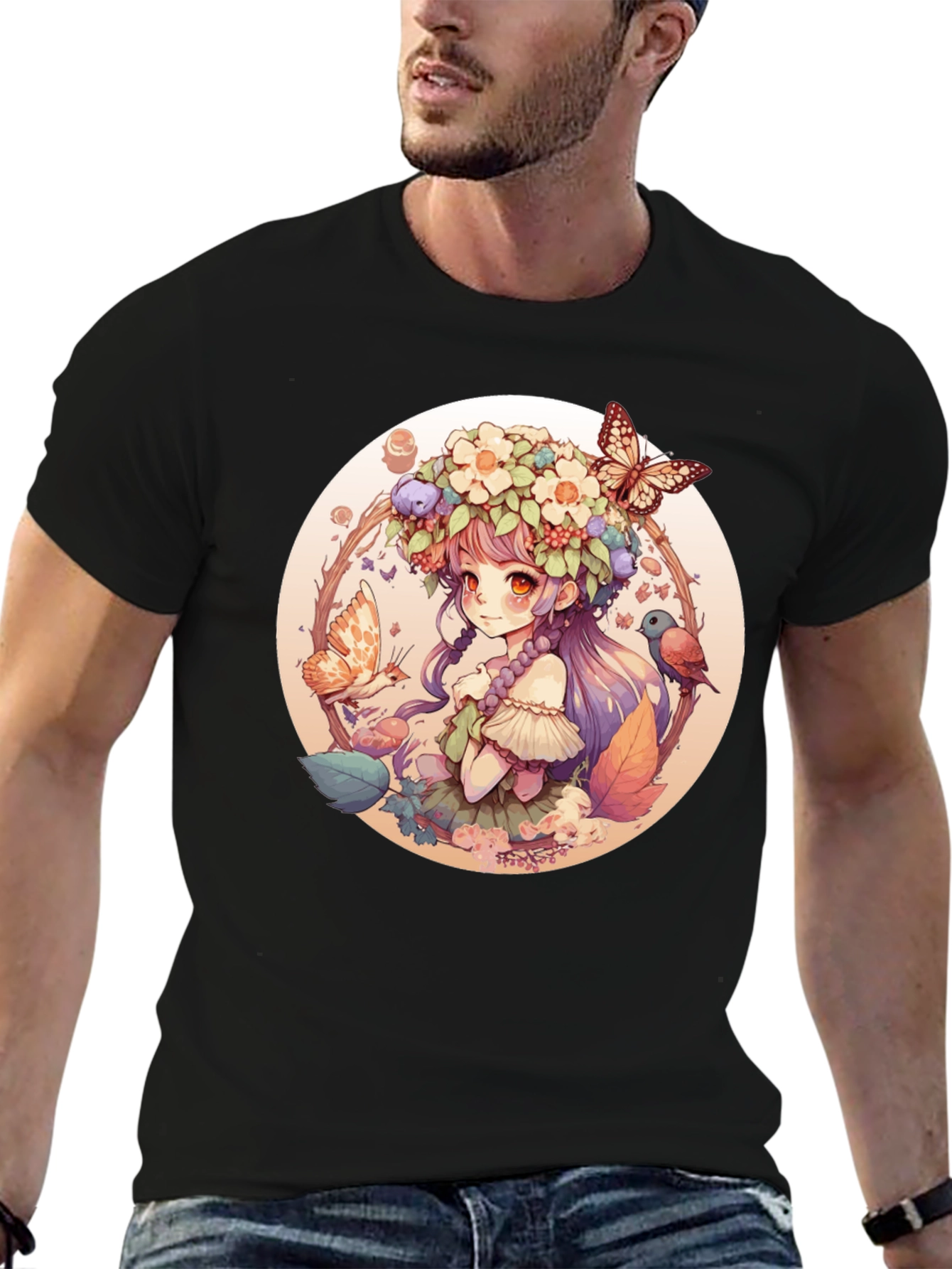Anime Girl Floral Wreath Black T-Shirt