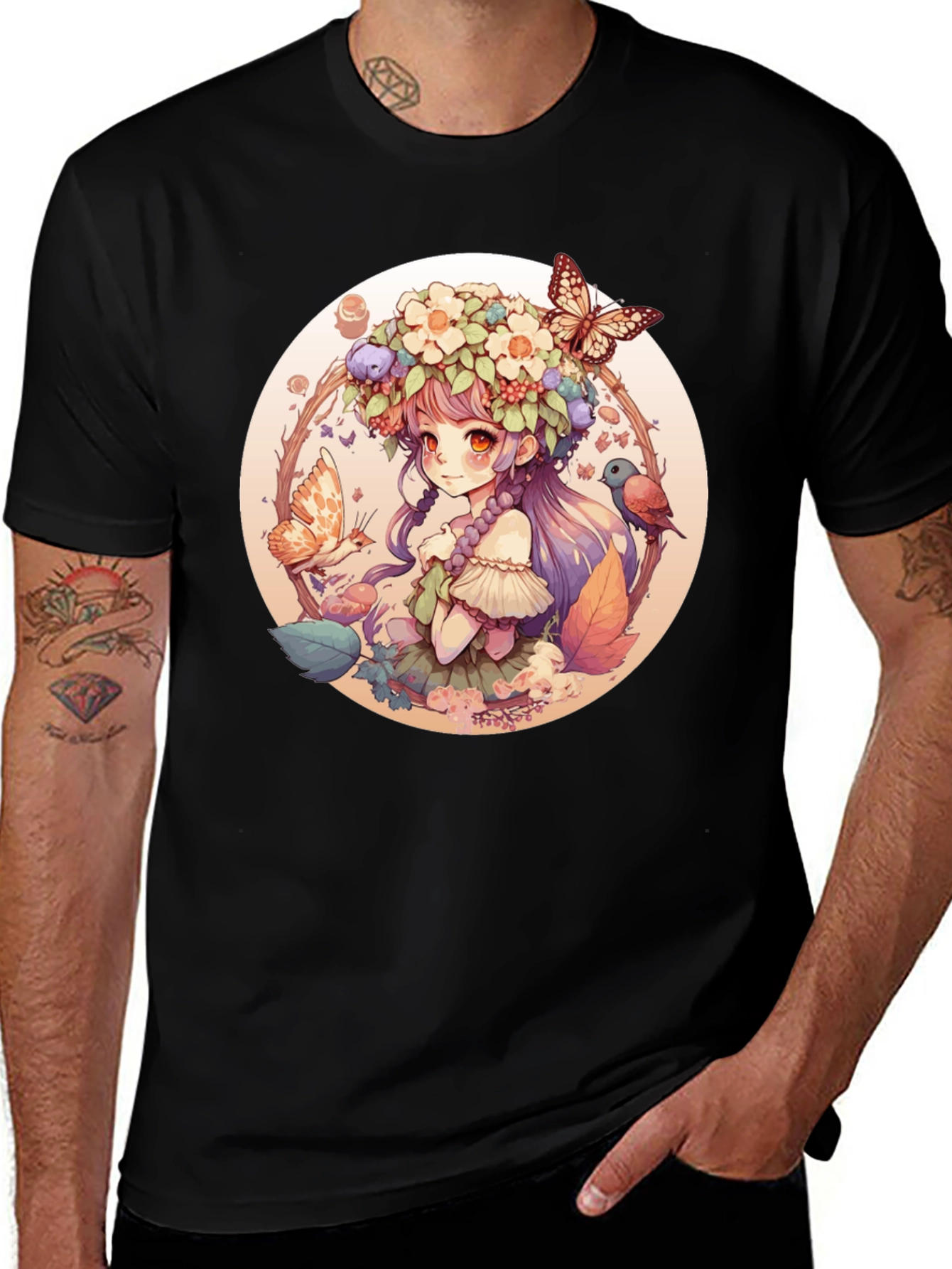 Anime Girl Floral Wreath Black T-Shirt