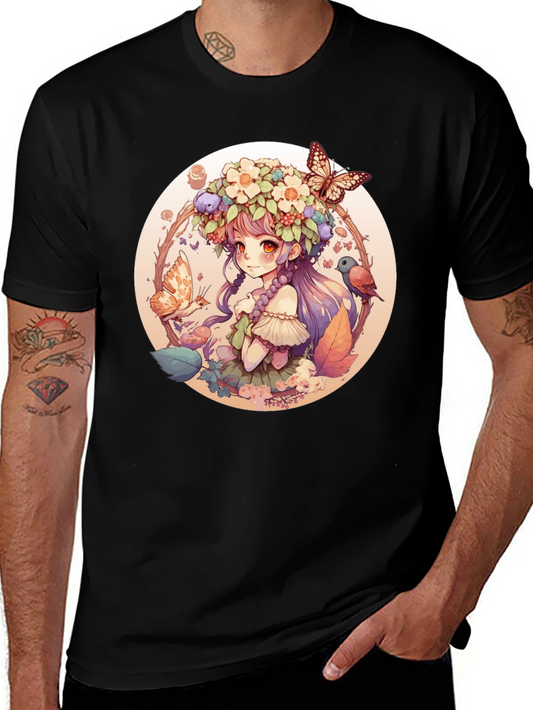 Anime Girl Floral Wreath Black T-Shirt