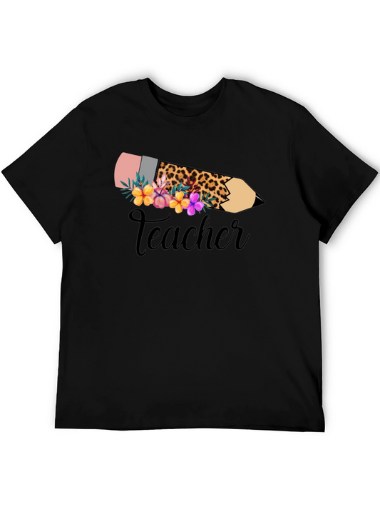 Floral Teacher Pencil Graphic Tee - Black