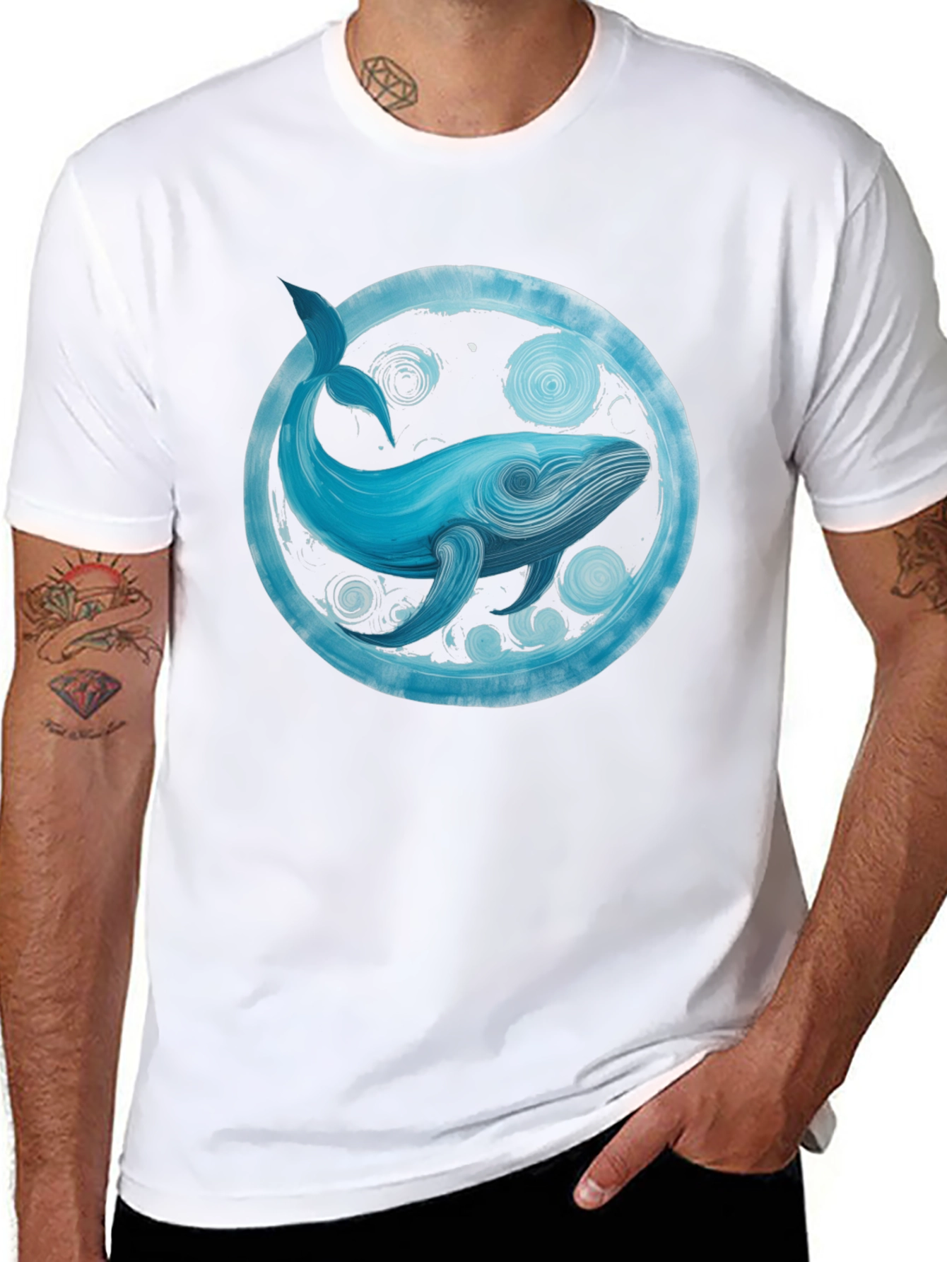 Whale Art Graphic Tee - Black Cotton Casual Shirt