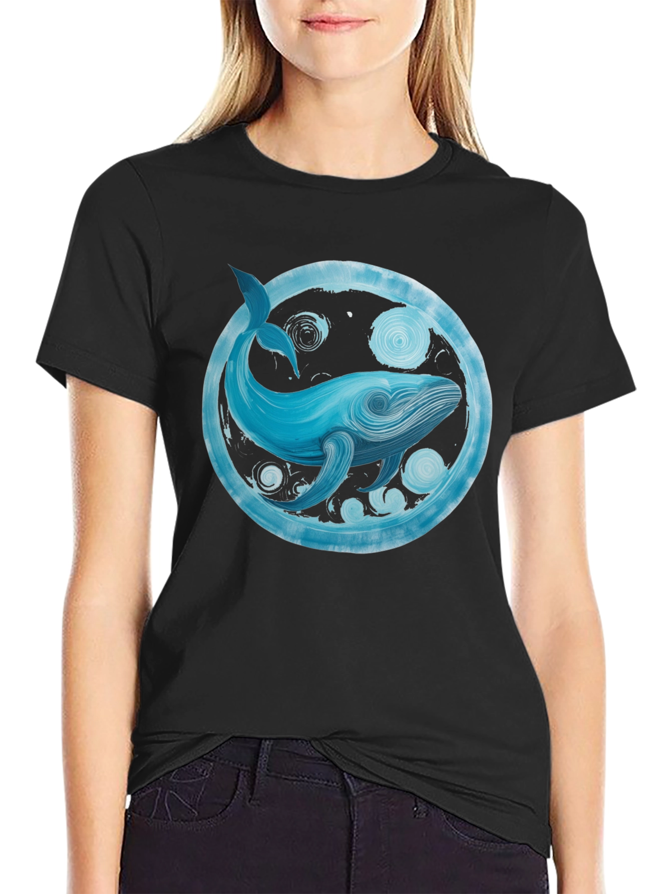 Whale Art Graphic Tee - Black Cotton Casual Shirt