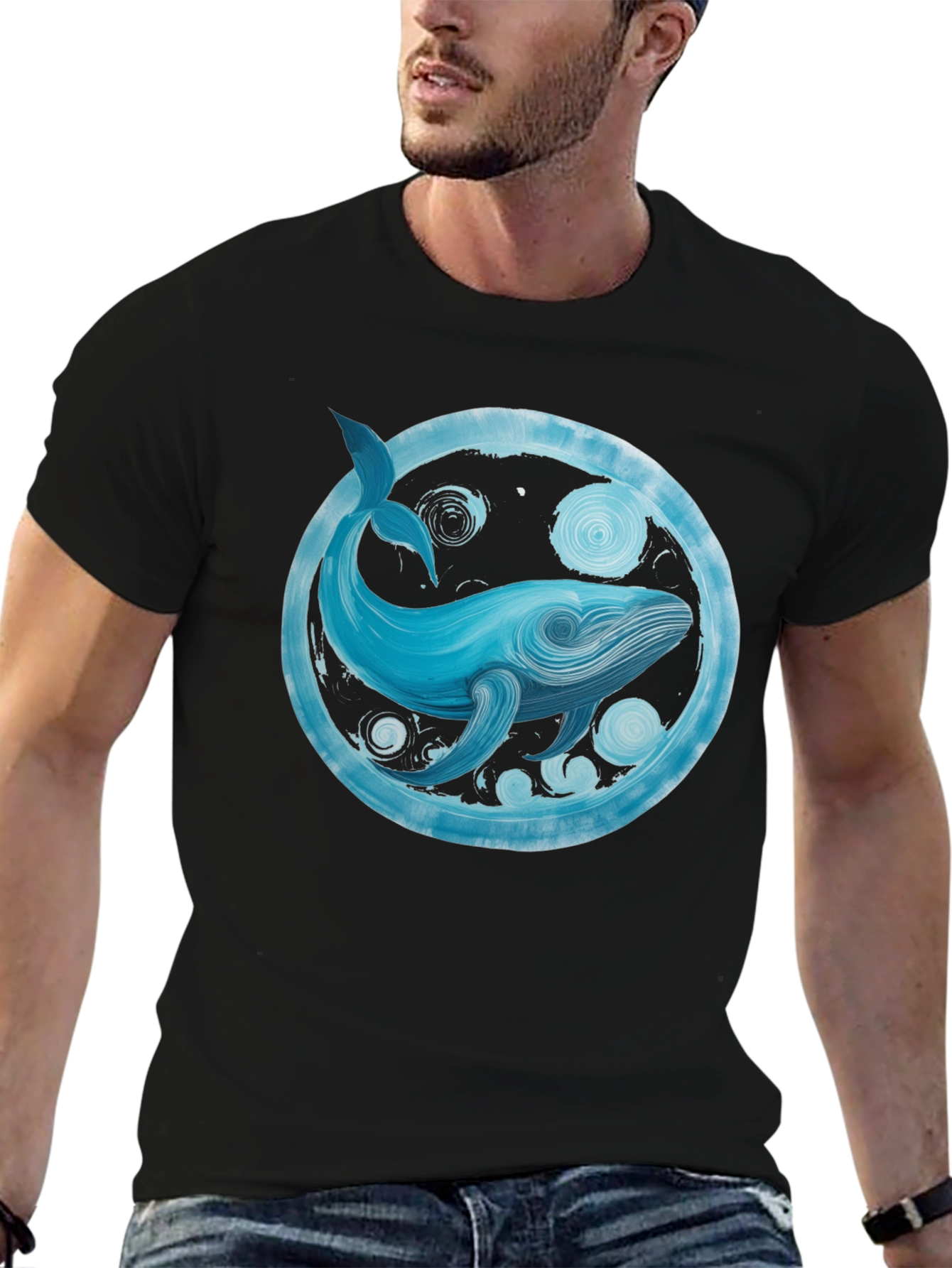 Whale Art Graphic Tee - Black Cotton Casual Shirt