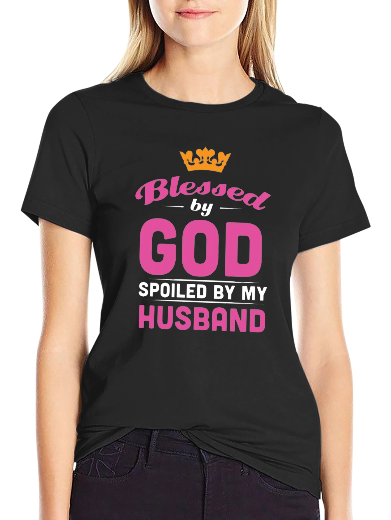 Blessed by God Spoiled by Husband Black T-Shirt