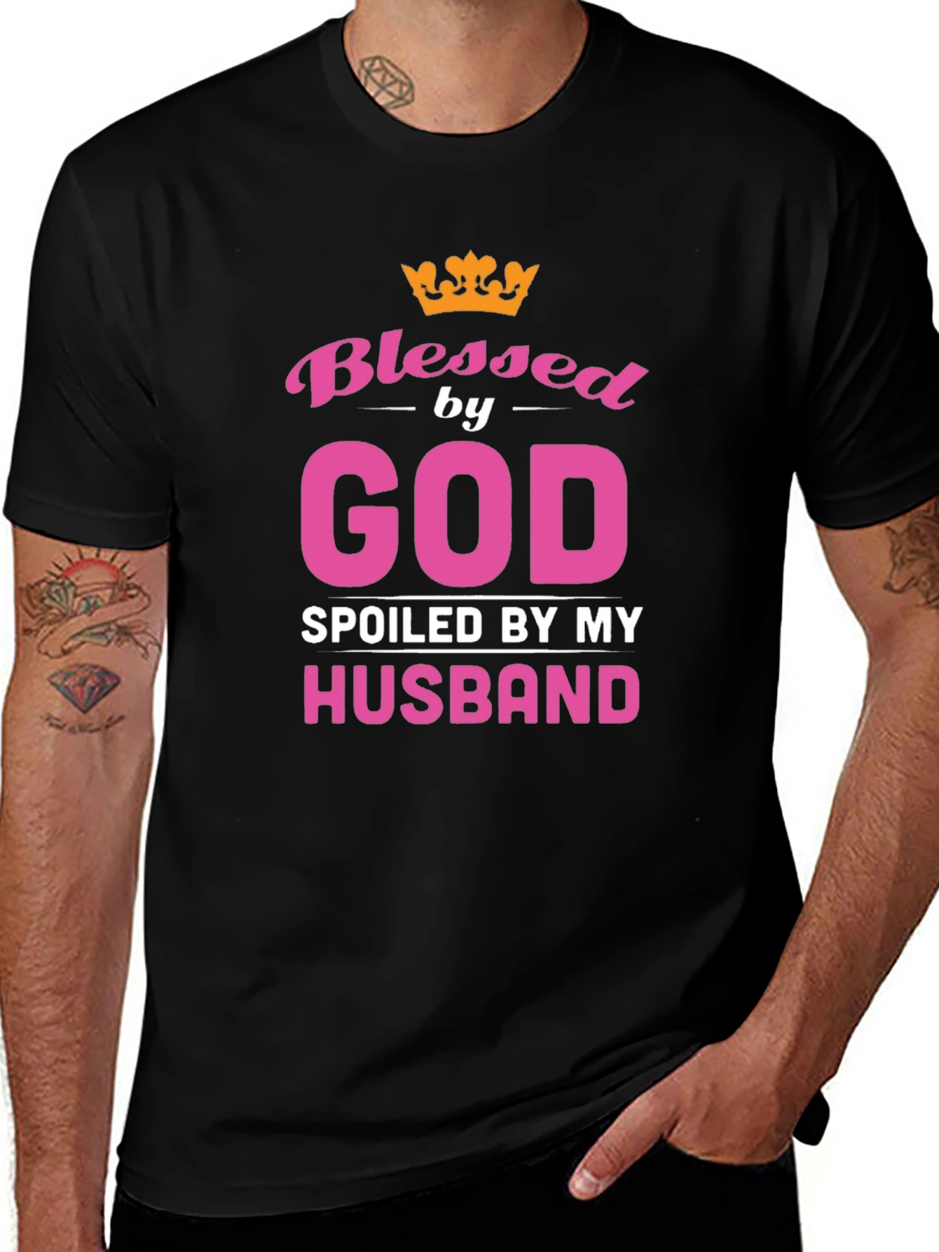Blessed by God Spoiled by Husband Black T-Shirt