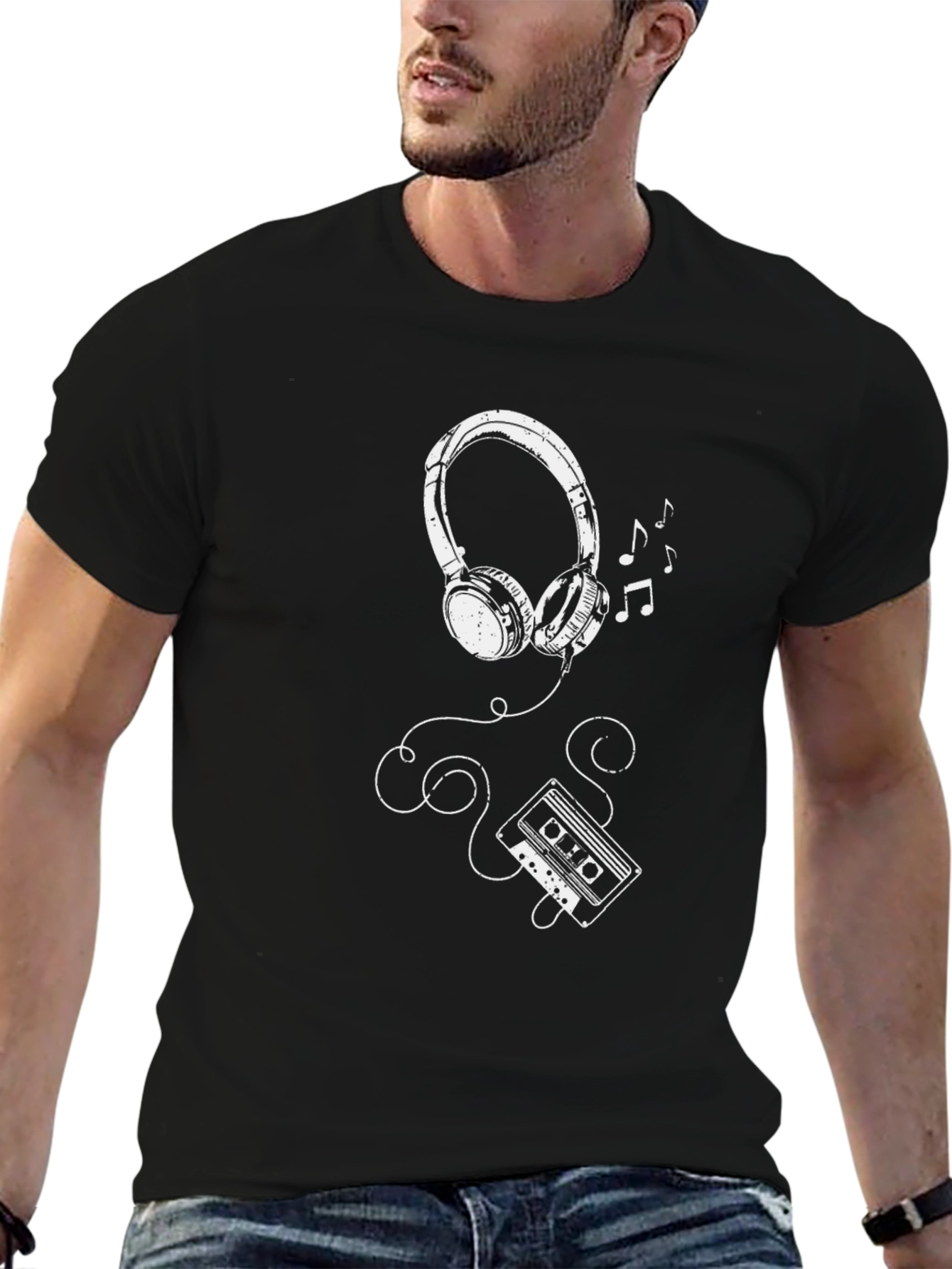Retro Music T-Shirt: Headphones & Cassette Tape Design