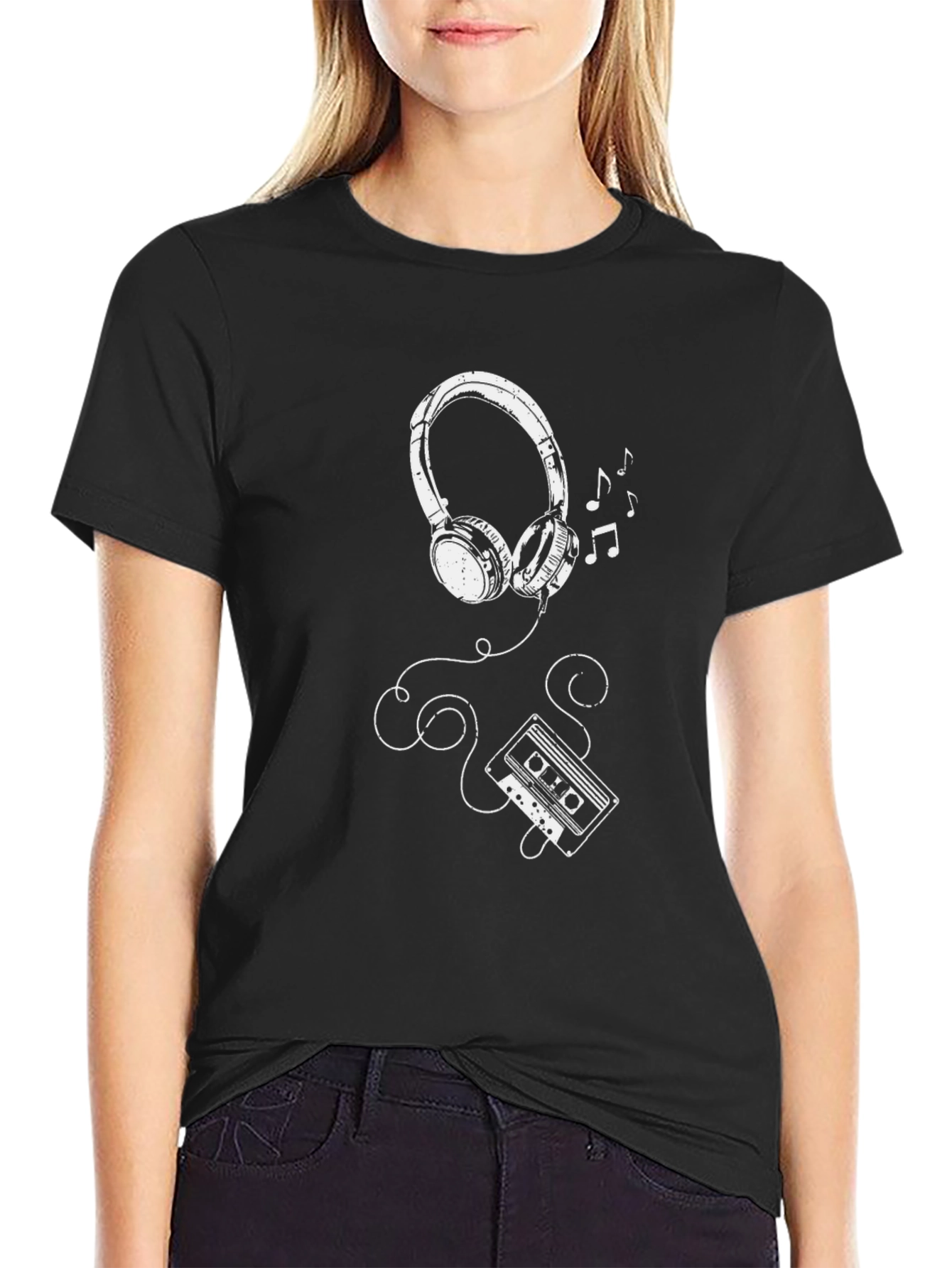 Retro Music T-Shirt: Headphones & Cassette Tape Design