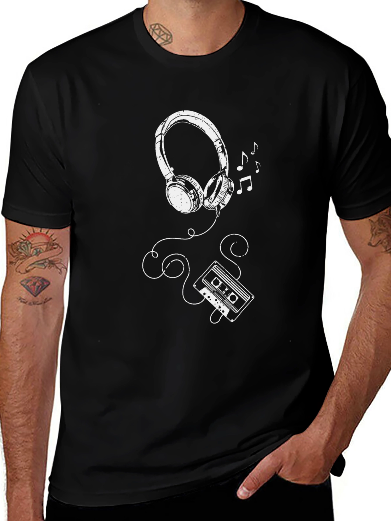 Retro Music T-Shirt: Headphones & Cassette Tape Design