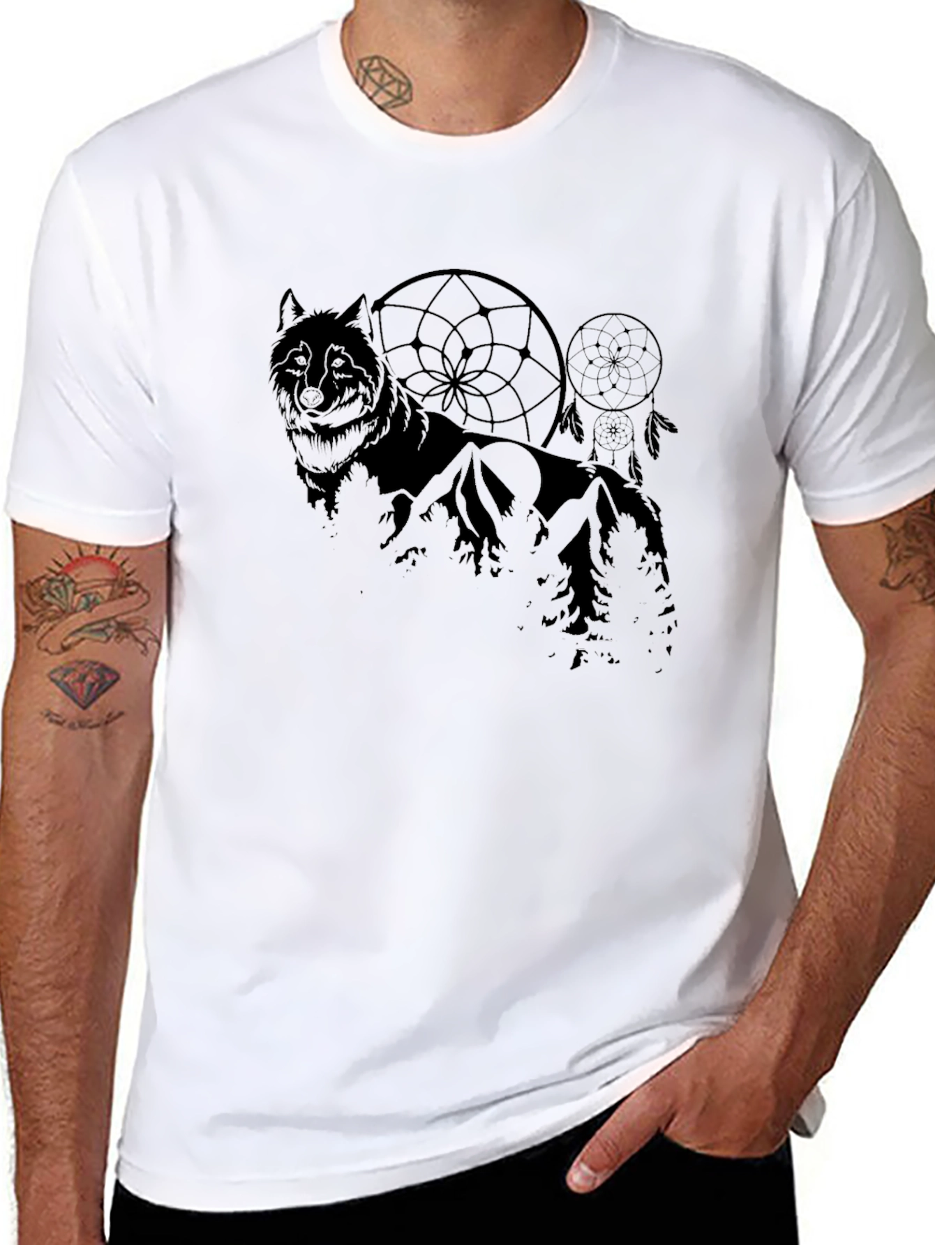 Wolf & Dreamcatcher Graphic Black T-Shirt