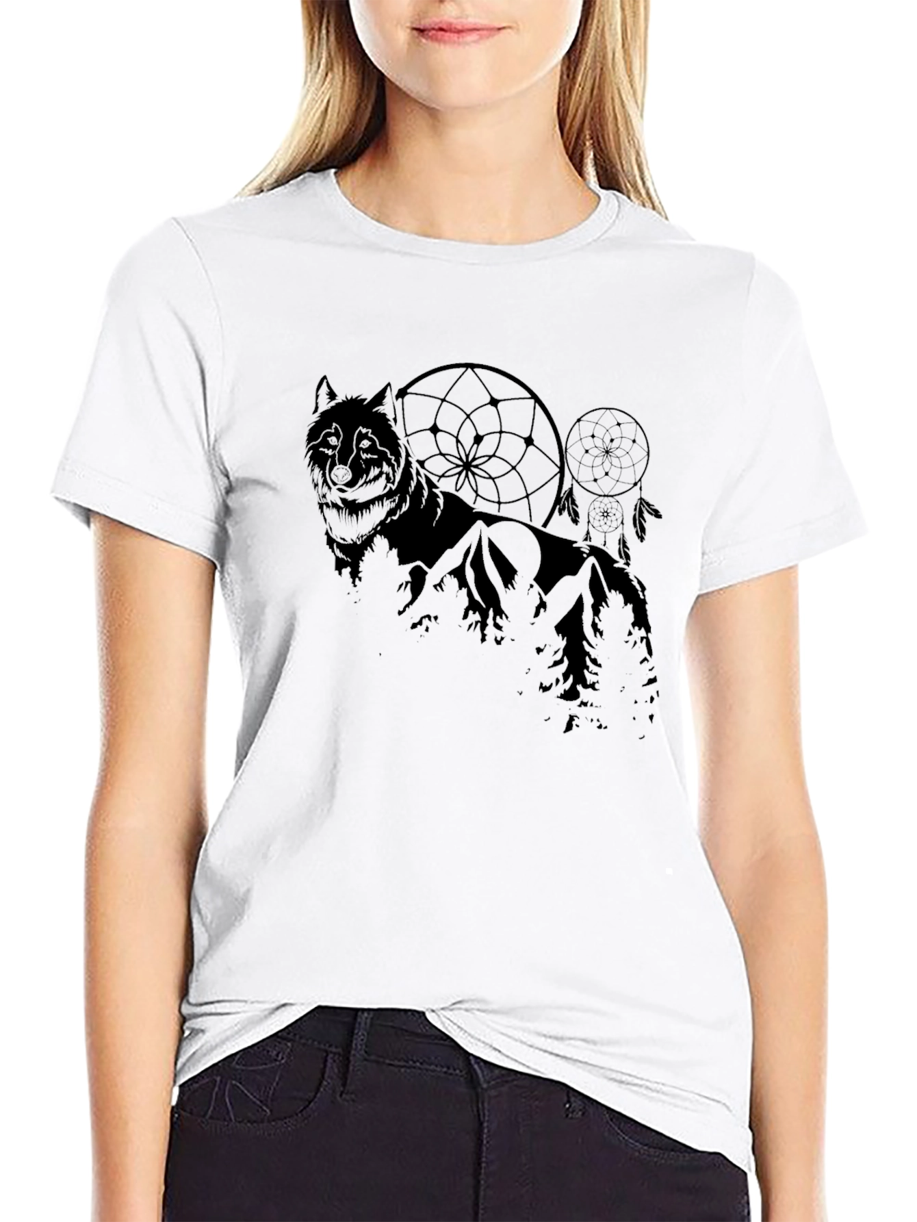 Wolf & Dreamcatcher Graphic Black T-Shirt