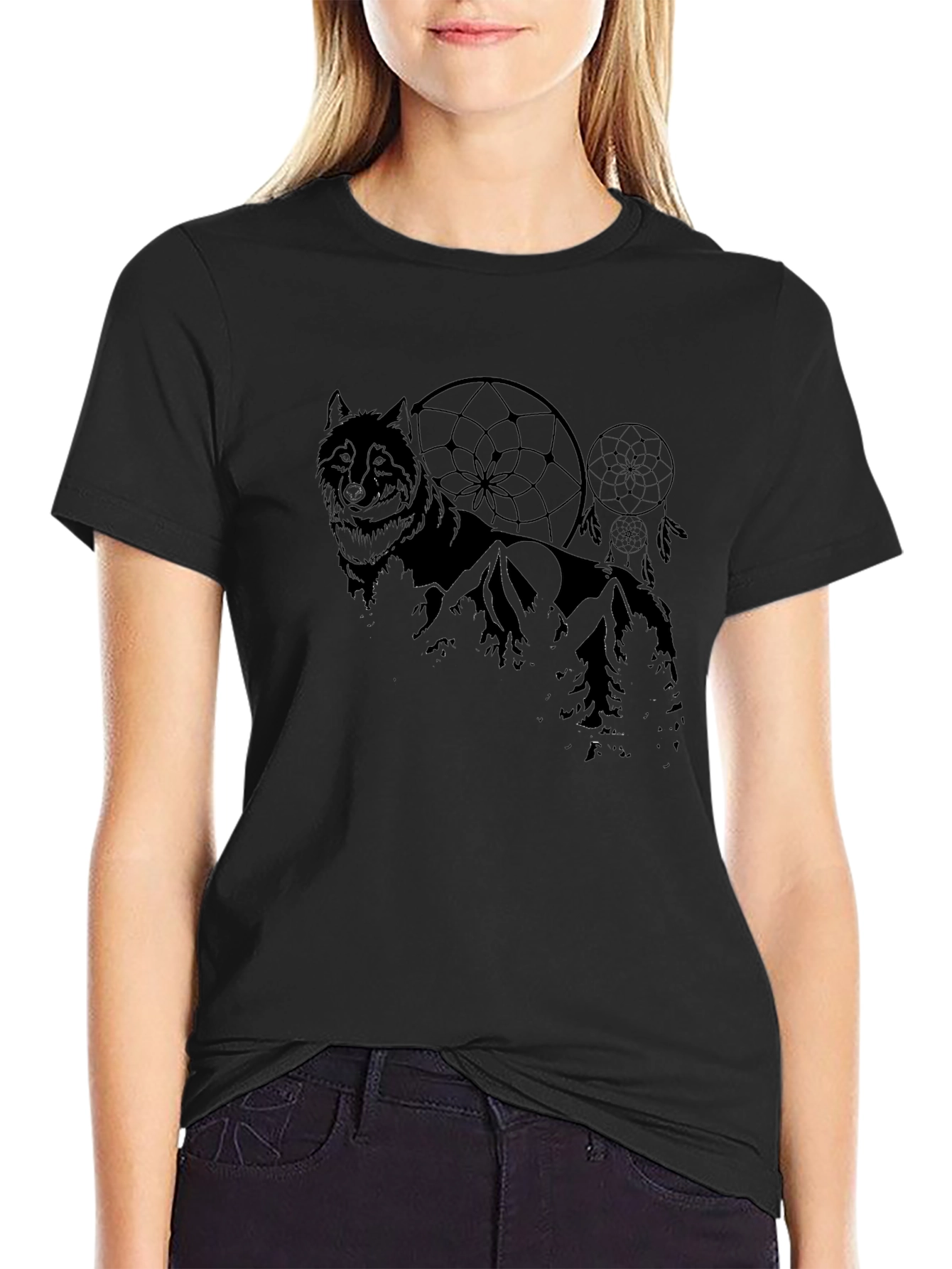 Wolf & Dreamcatcher Graphic Black T-Shirt
