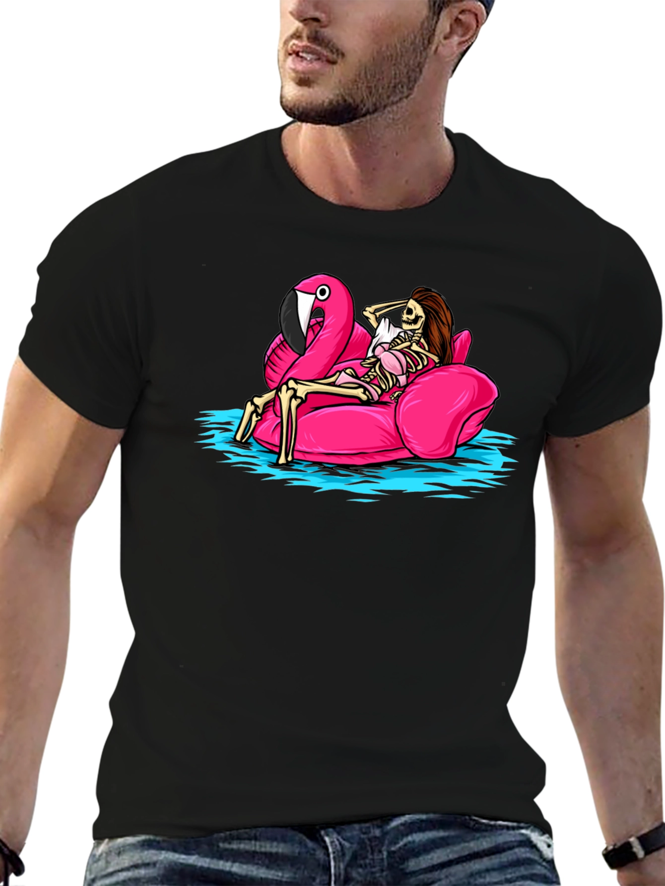 Humorous Skeleton Flamingo Pool Float T-Shirt