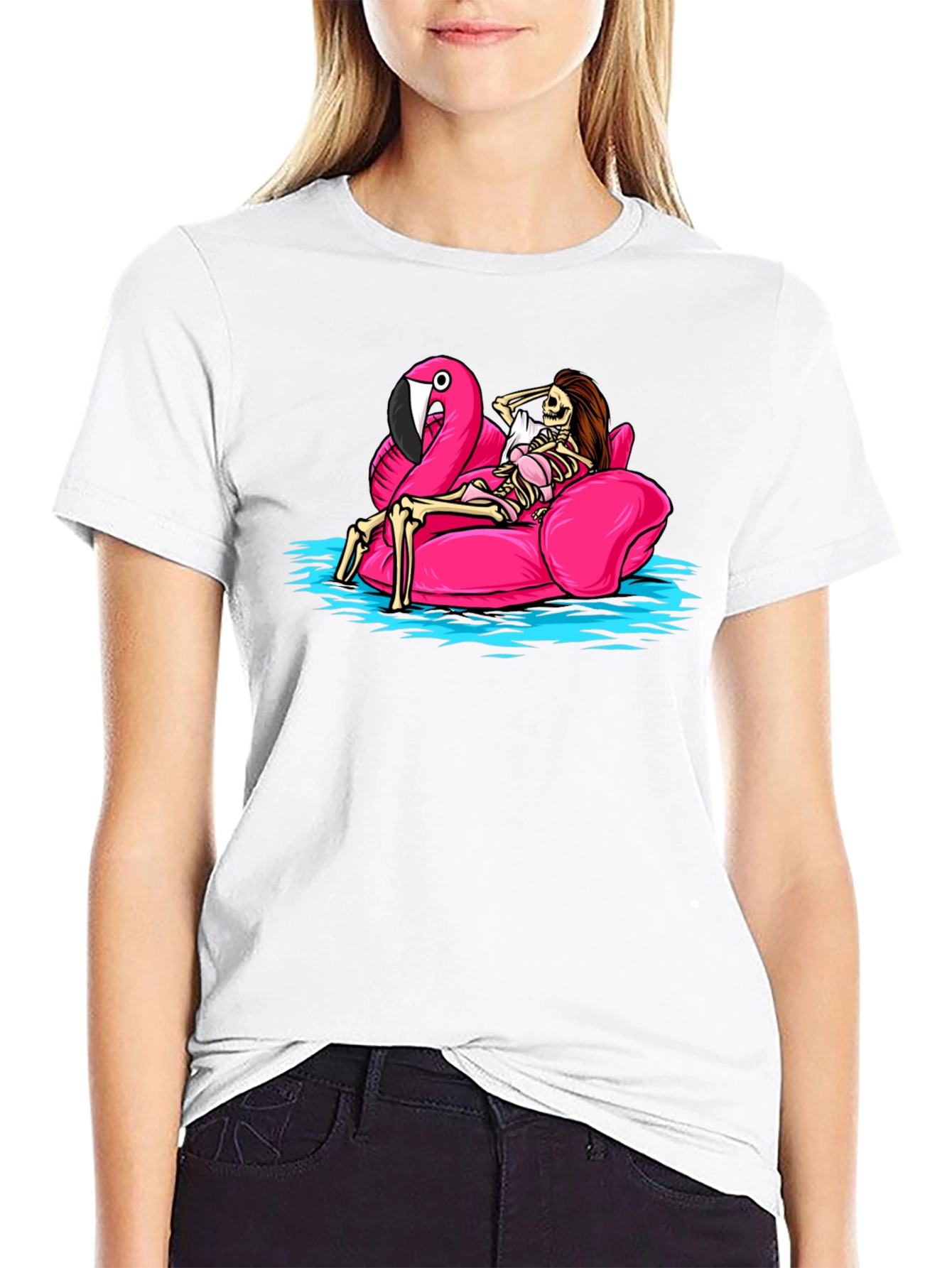 Humorous Skeleton Flamingo Pool Float T-Shirt