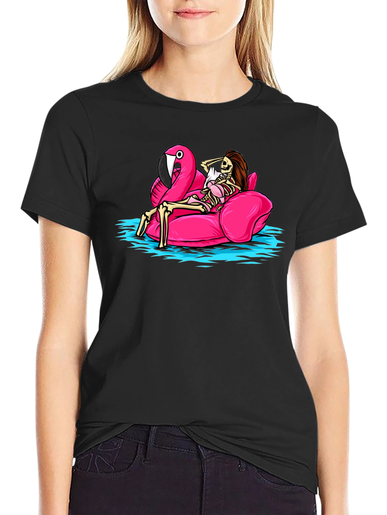 Humorous Skeleton Flamingo Pool Float T-Shirt