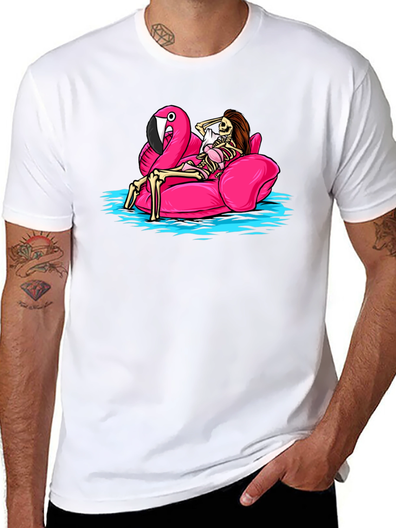 Humorous Skeleton Flamingo Pool Float T-Shirt
