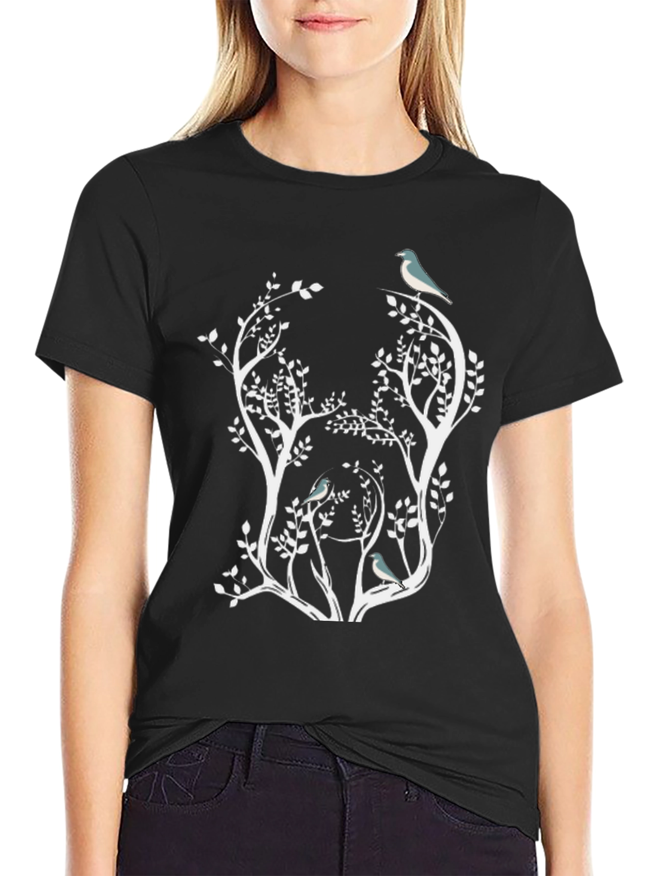 Nature Inspired Bird & Tree Graphic Black T-Shirt