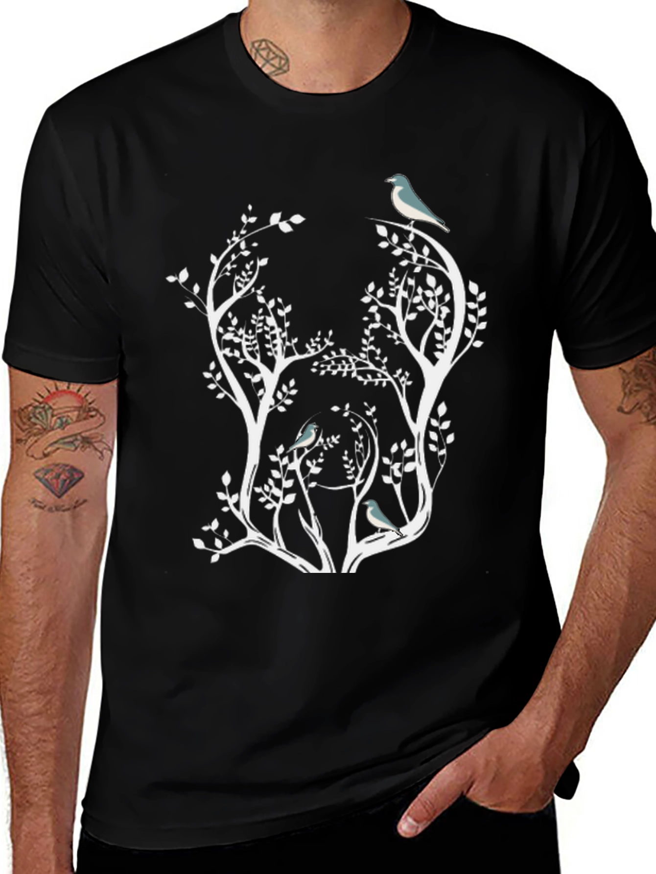 Nature Inspired Bird & Tree Graphic Black T-Shirt