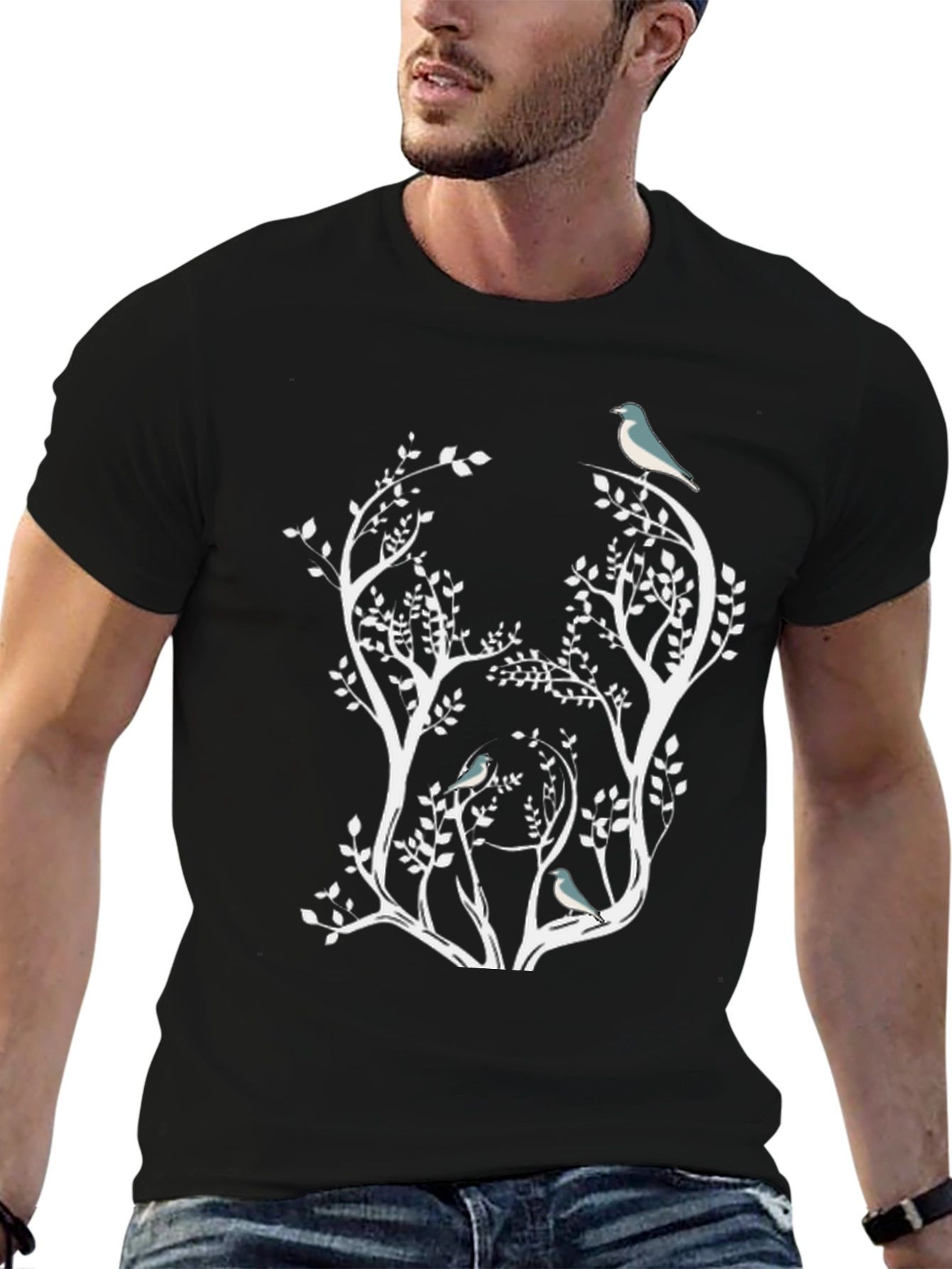 Nature Inspired Bird & Tree Graphic Black T-Shirt