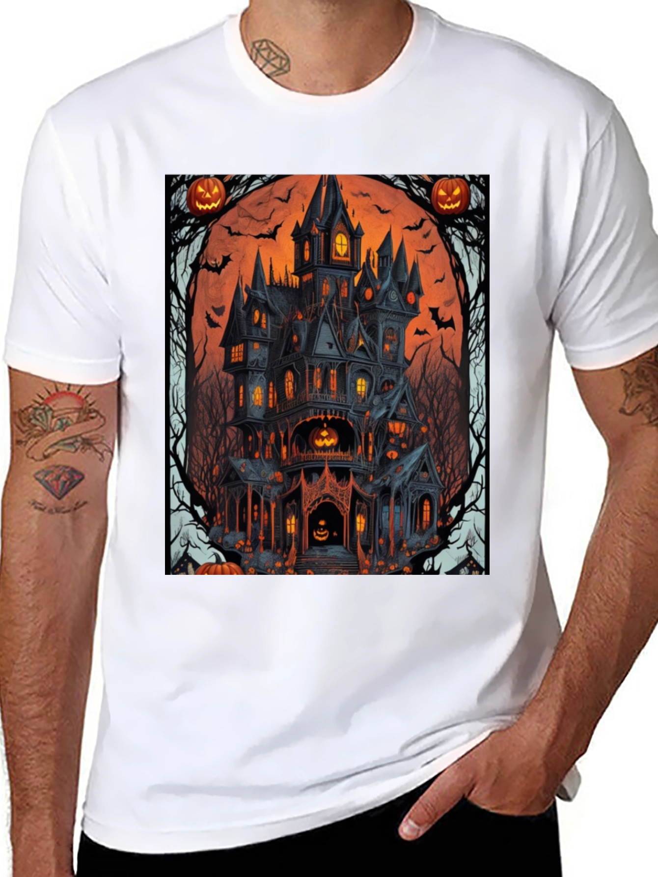Spooky Halloween Mansion Graphic Tee - Unisex