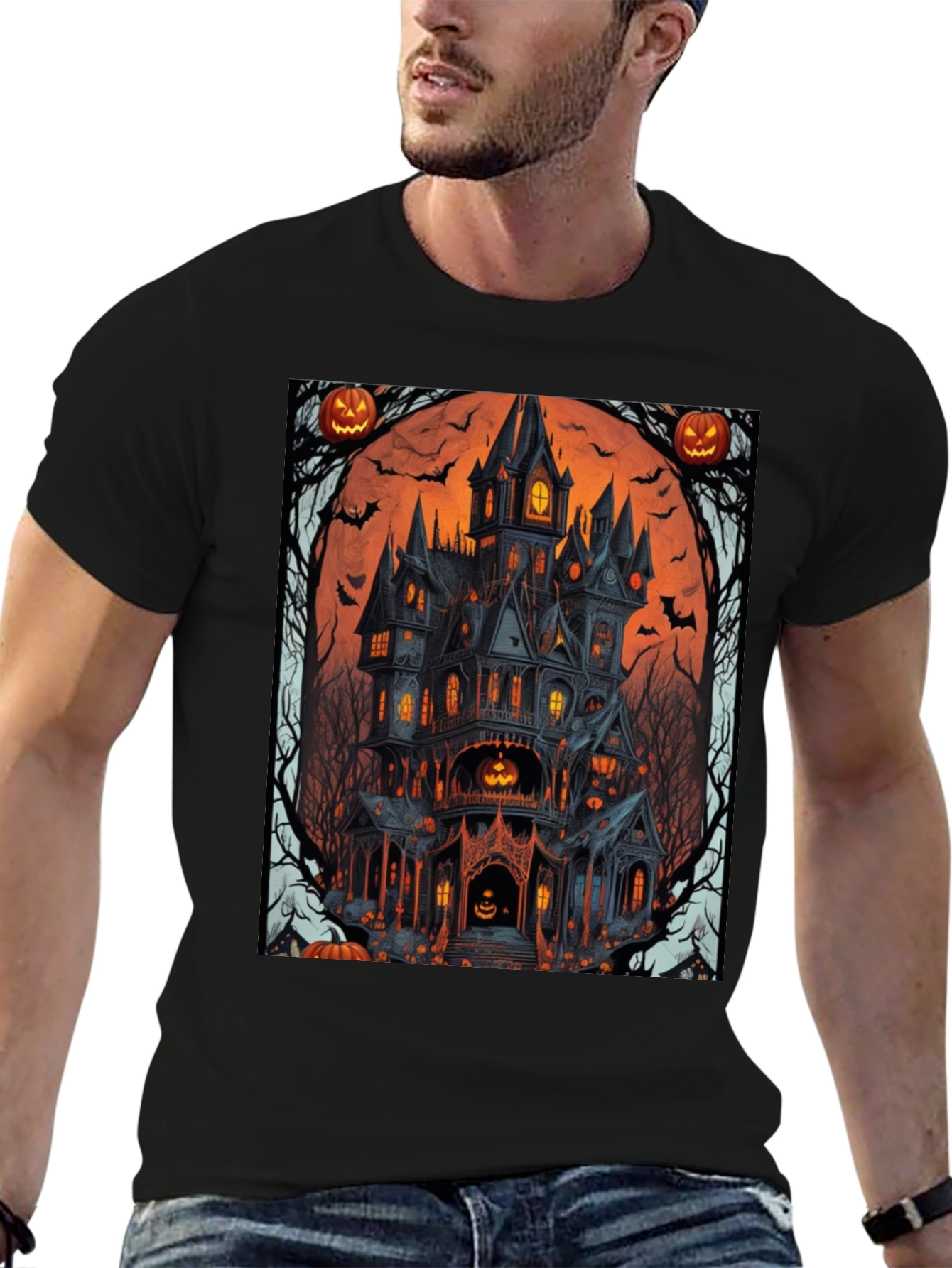 Spooky Halloween Mansion Graphic Tee - Unisex