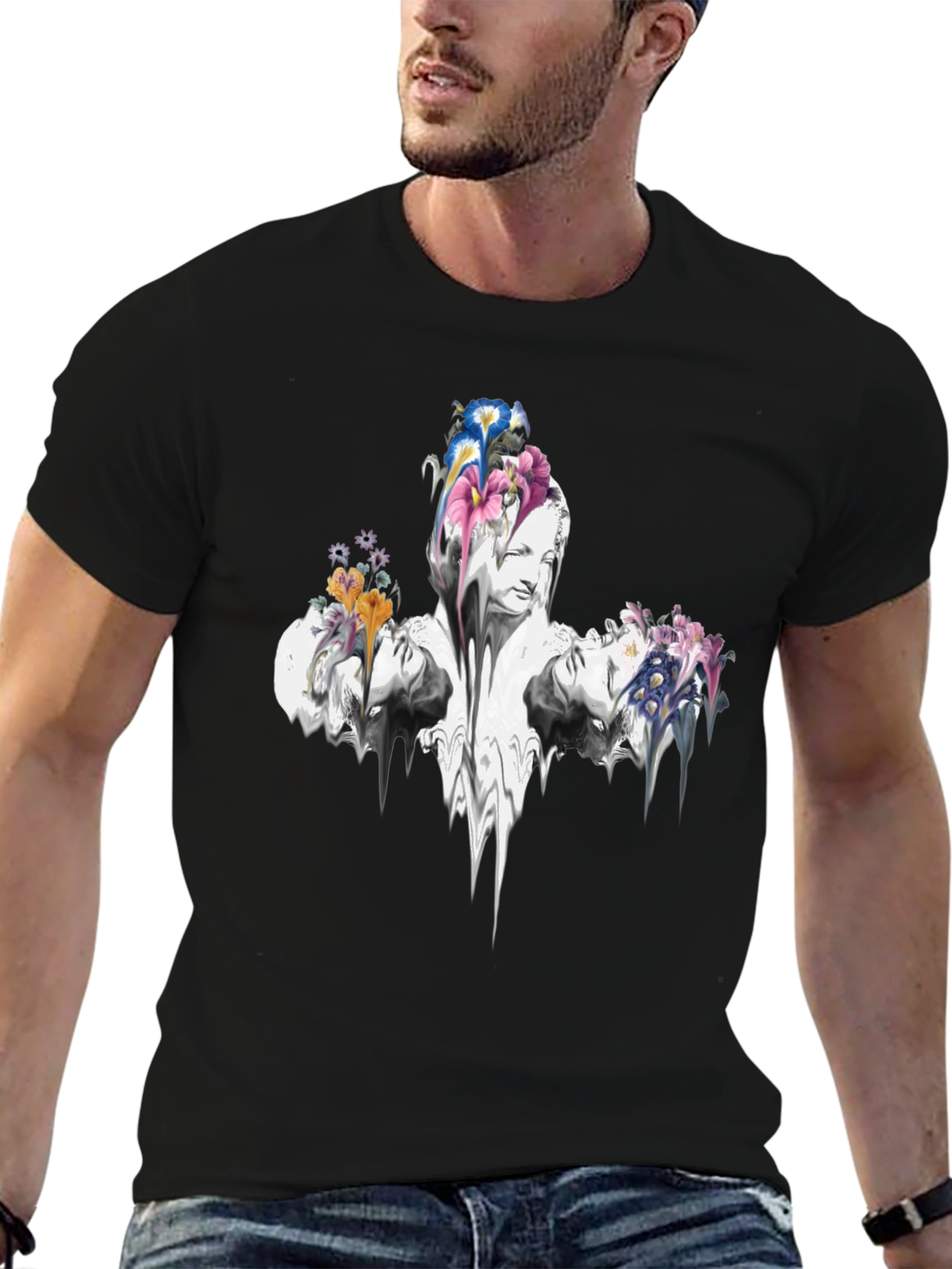 Floral Statue Graphic Tee - Black Cotton Blend