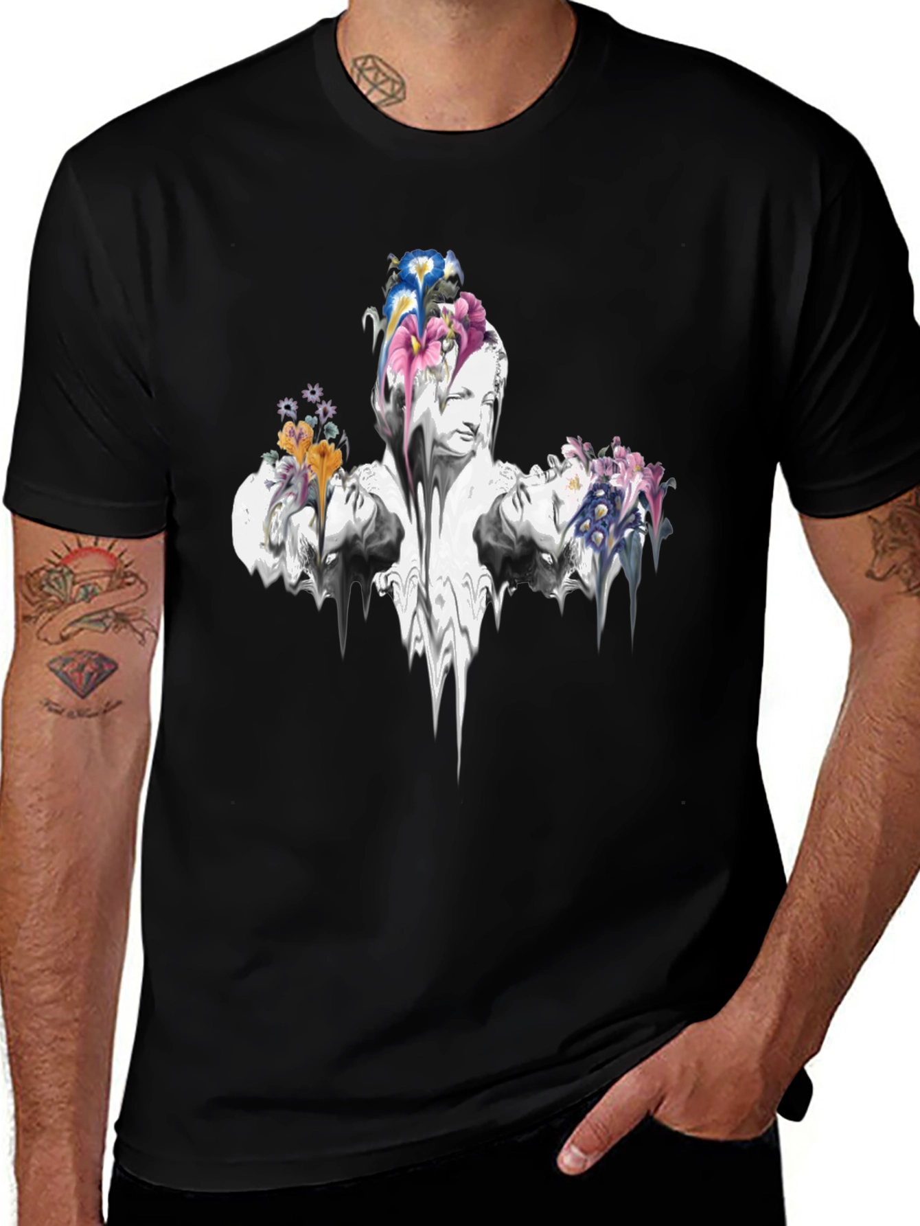 Floral Statue Graphic Tee - Black Cotton Blend
