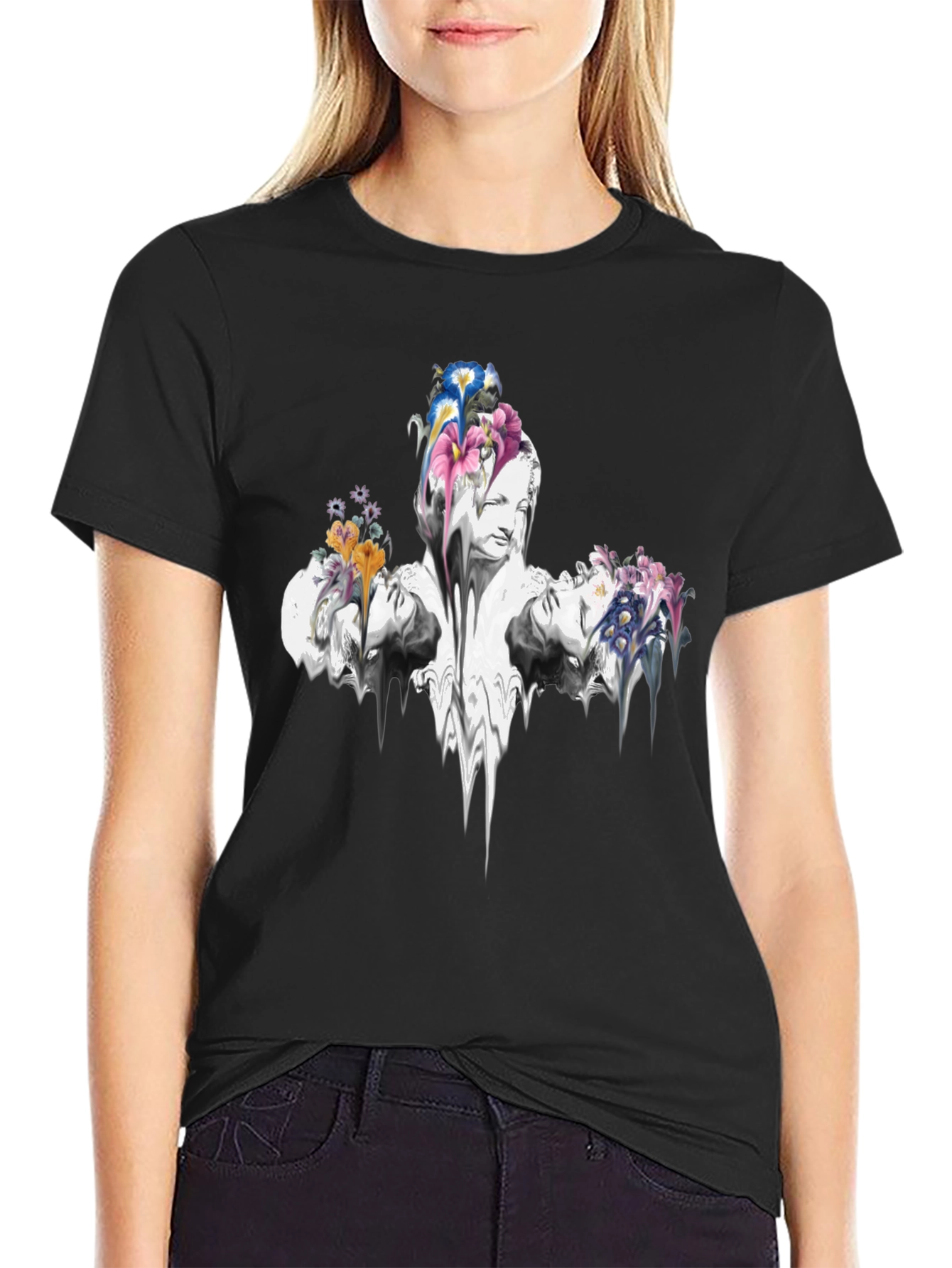 Floral Statue Graphic Tee - Black Cotton Blend