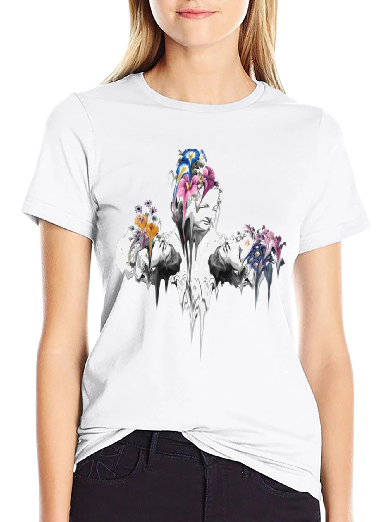 Floral Statue Graphic Tee - Black Cotton Blend