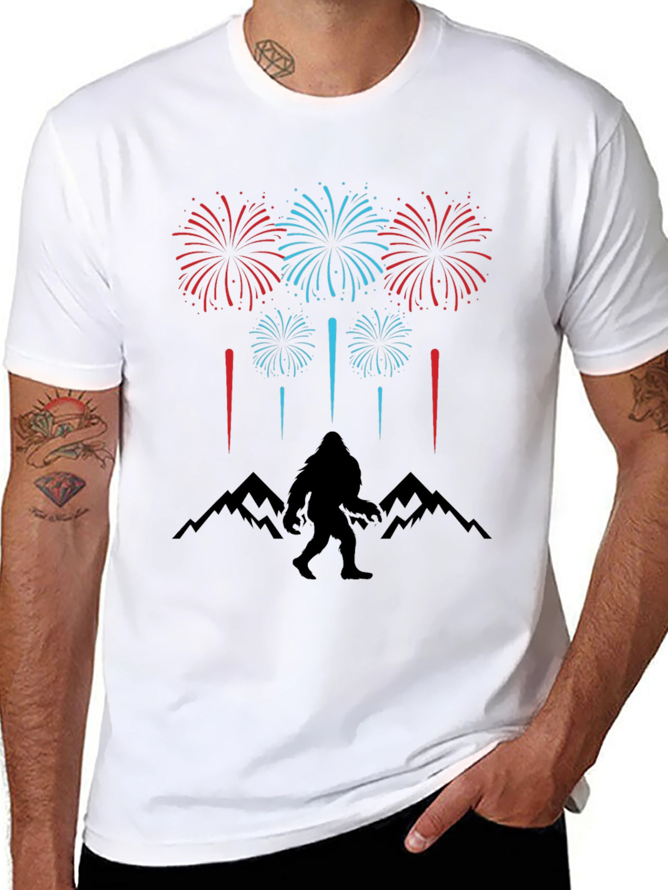 Bigfoot Fireworks T-Shirt - Mountain Silhouette Graphic Tee