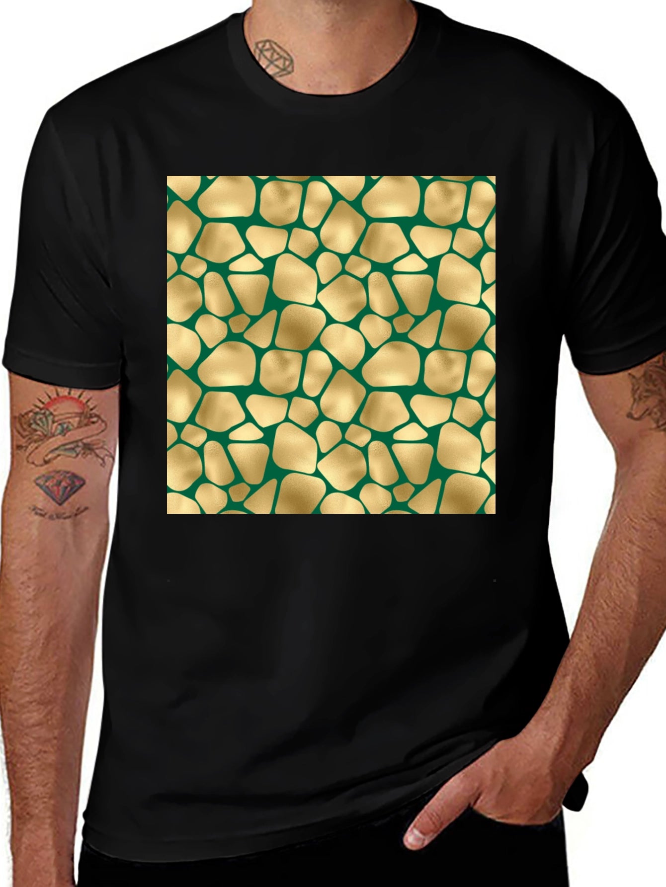 Abstract Gold & Green Patterned Black T-Shirt