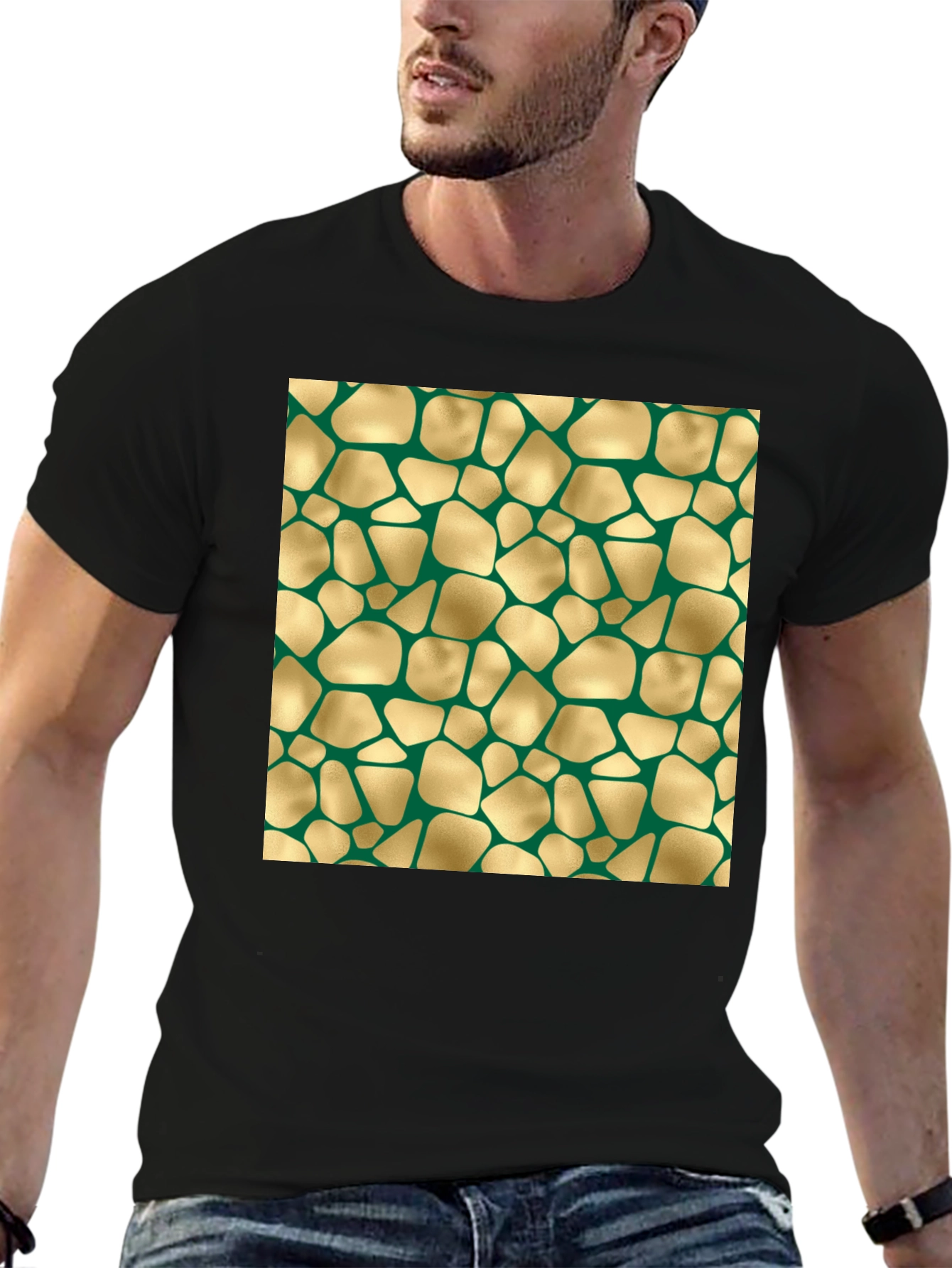 Abstract Gold & Green Patterned Black T-Shirt