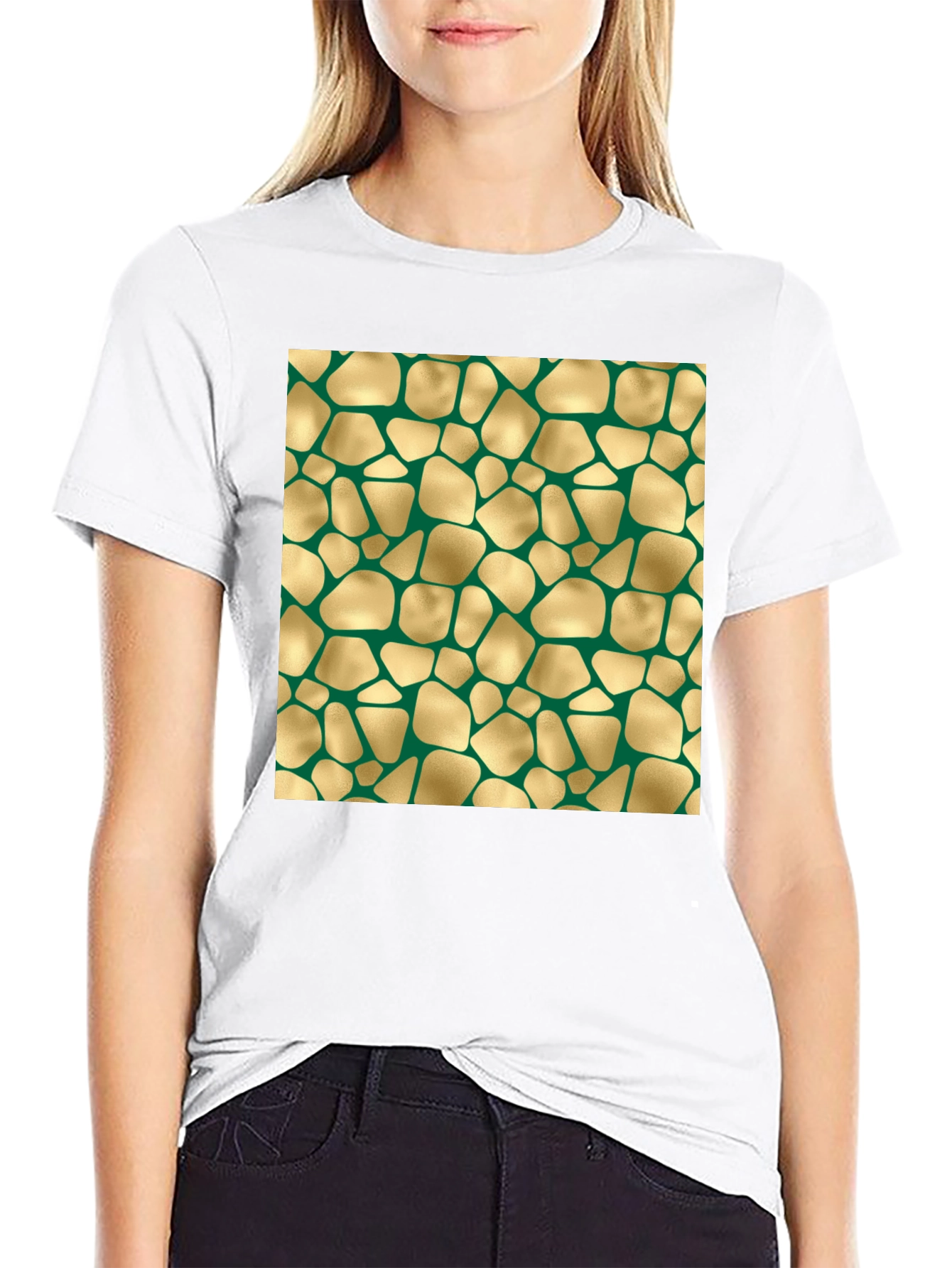 Abstract Gold & Green Patterned Black T-Shirt