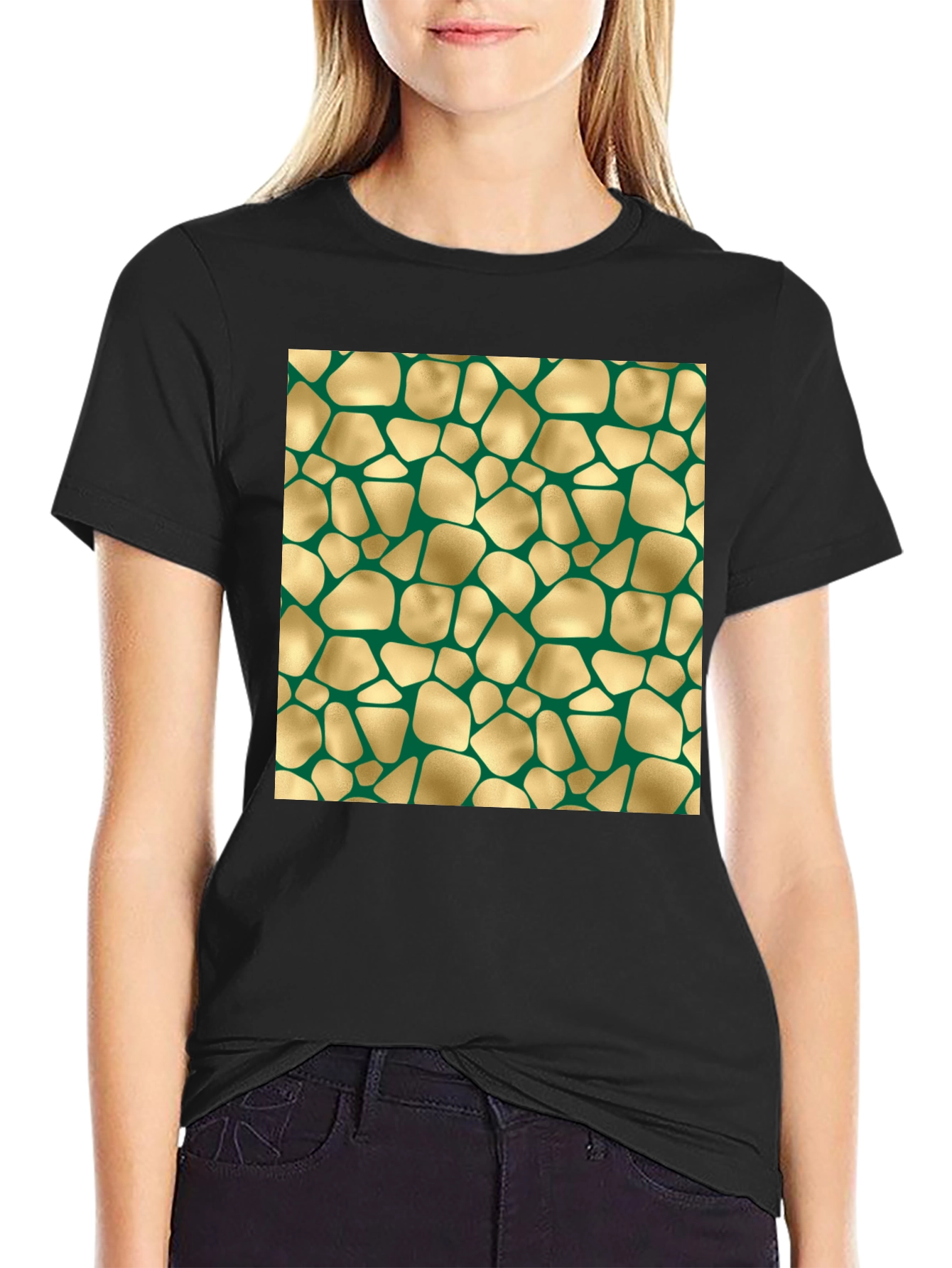 Abstract Gold & Green Patterned Black T-Shirt