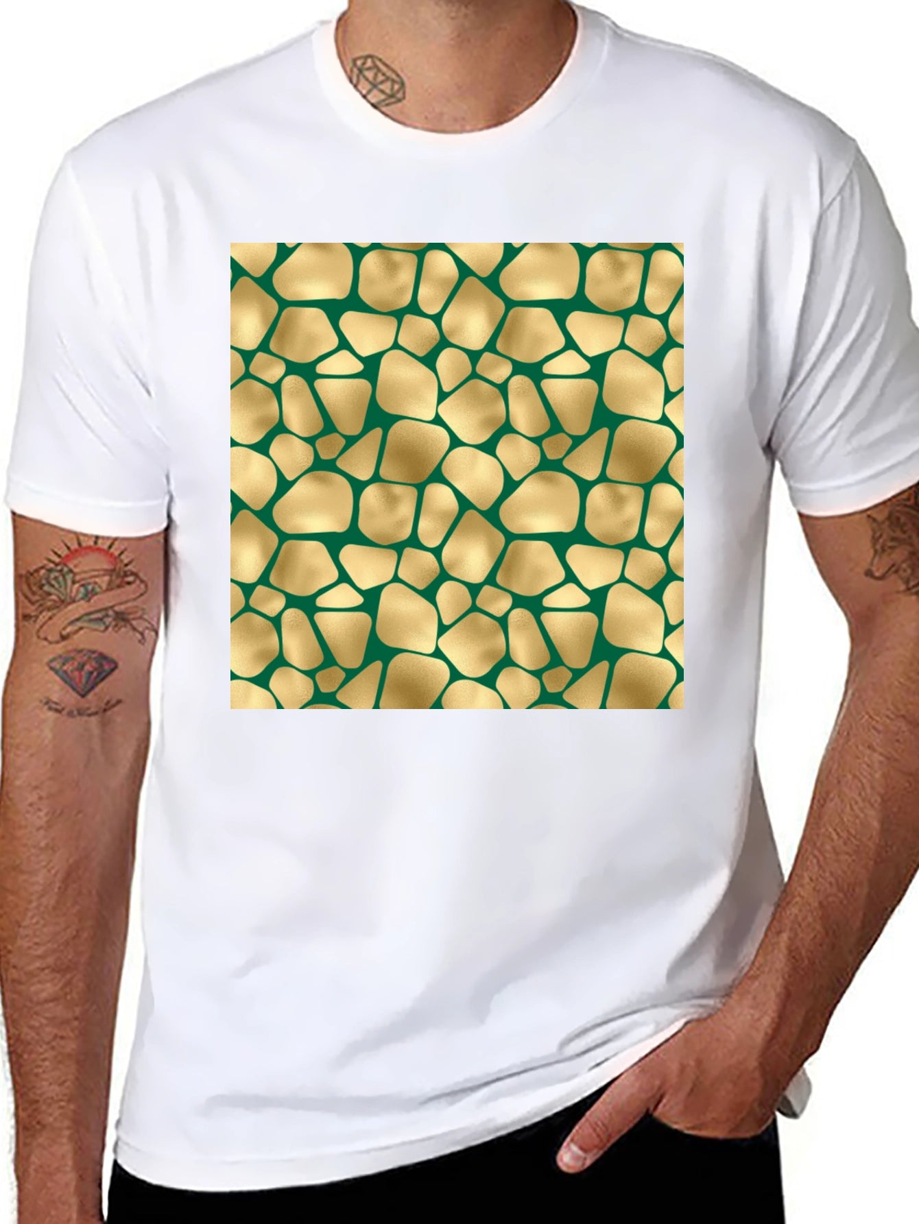 Abstract Gold & Green Patterned Black T-Shirt